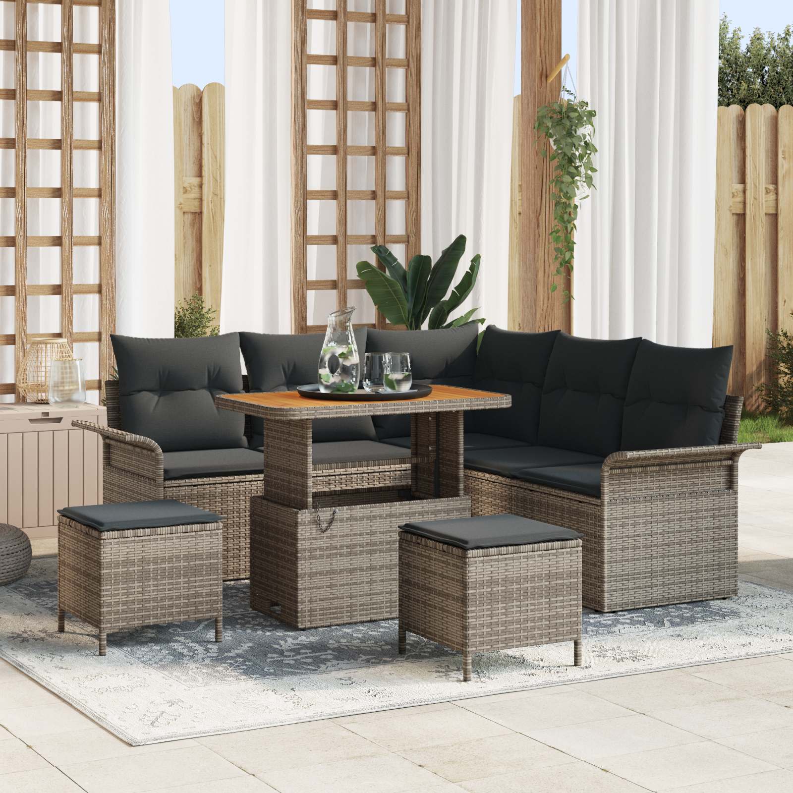 Set Divani Giardino 8 Pezzi Cuscini Grigio Polyrattan Acacia