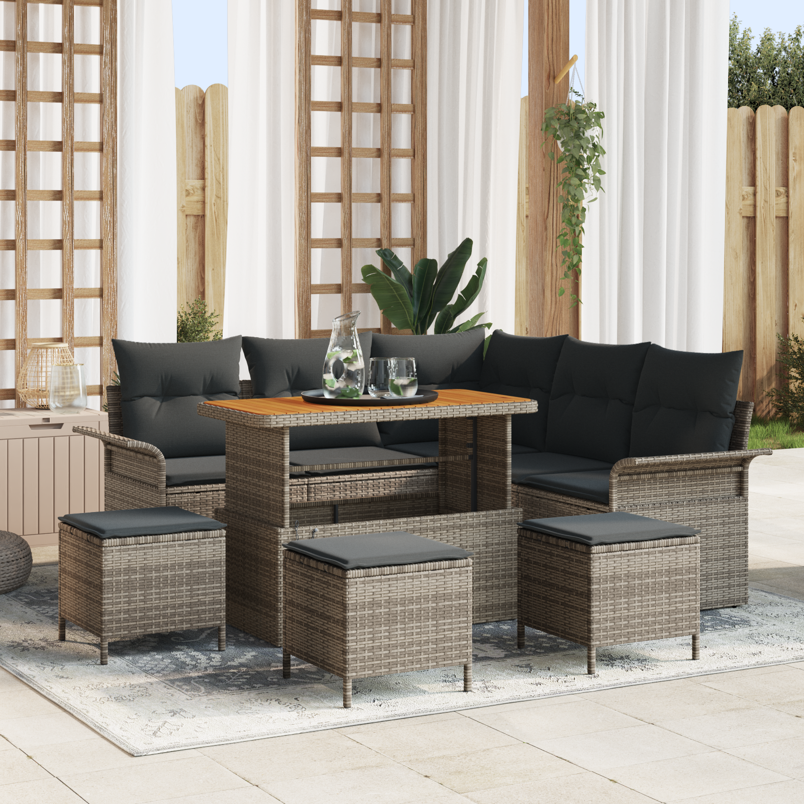 Set di divani da giardino 9 pezzi con cuscini grigio in polyrattan e acacia