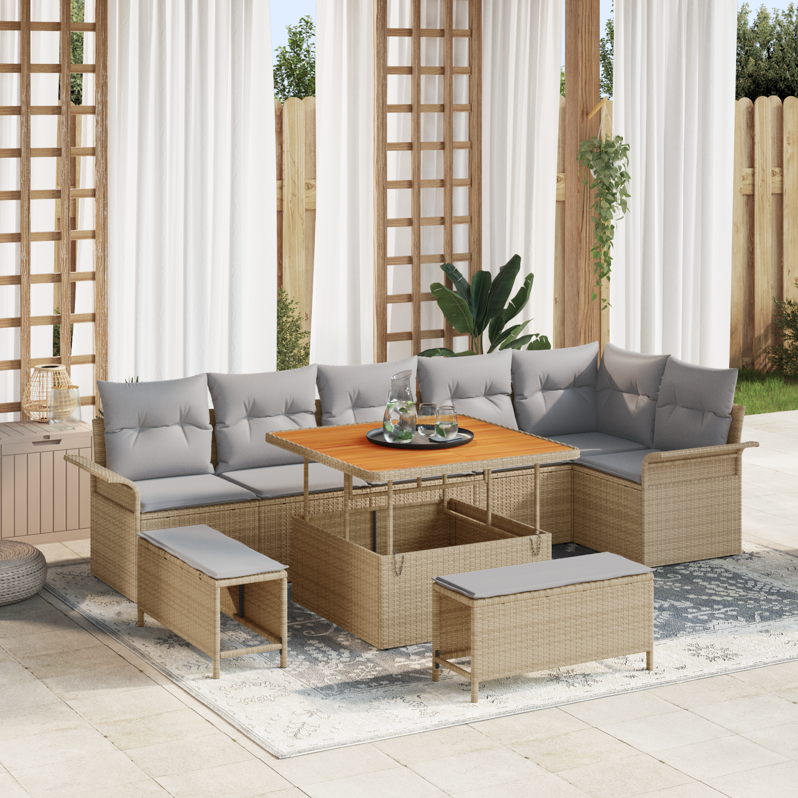 Set Divano da Giardino con Cuscini Beige in Polyrattan da 9 Pezzi