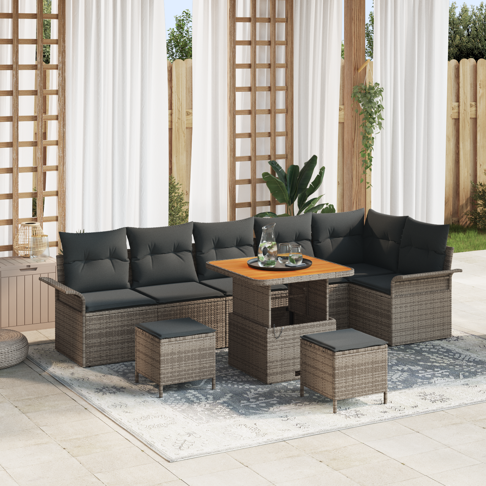 Set da giardino con 9 pezzi e cuscini in grigio polyrattan e acacia