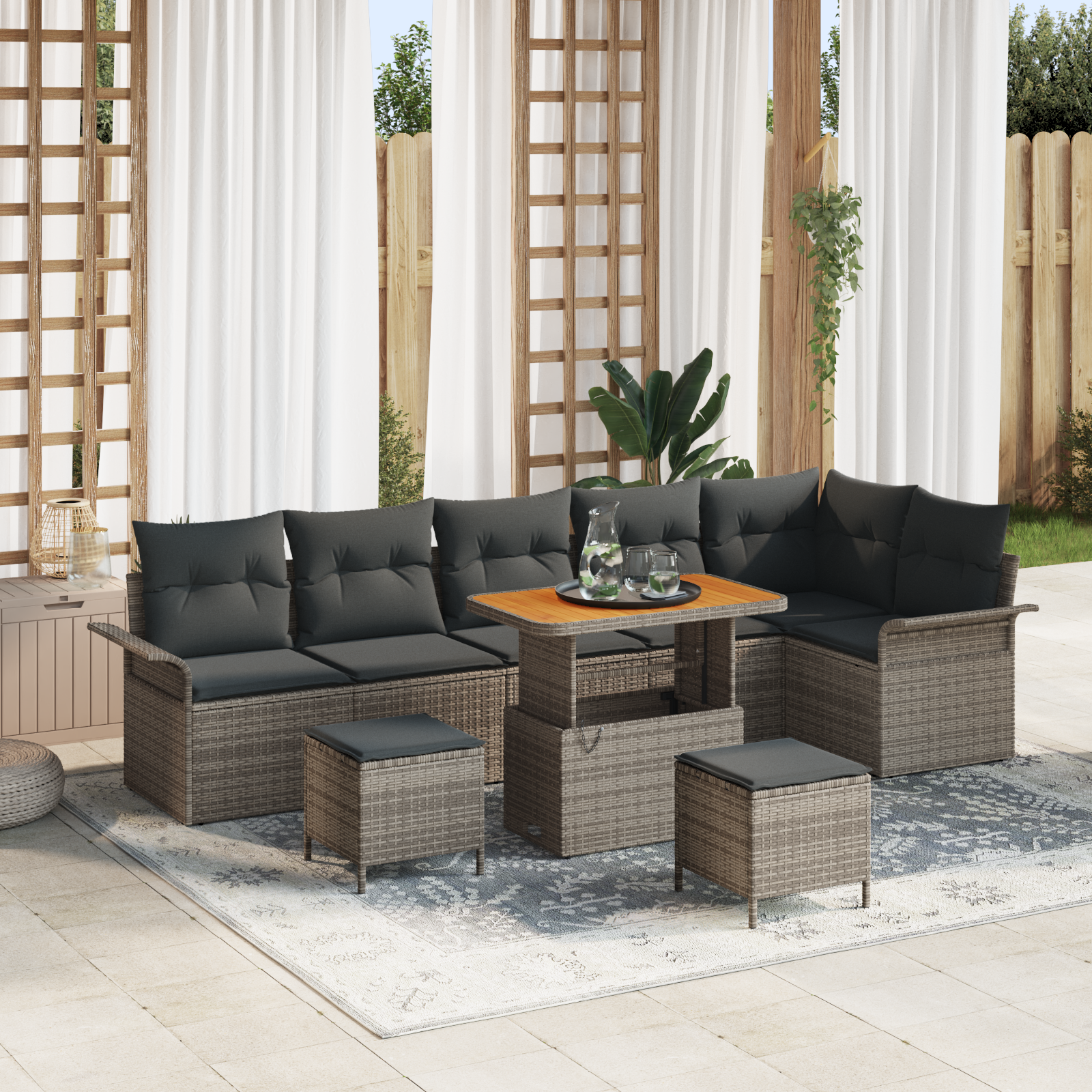 Set di divani da giardino 9 pezzi con cuscini grigi in polirattan acacia