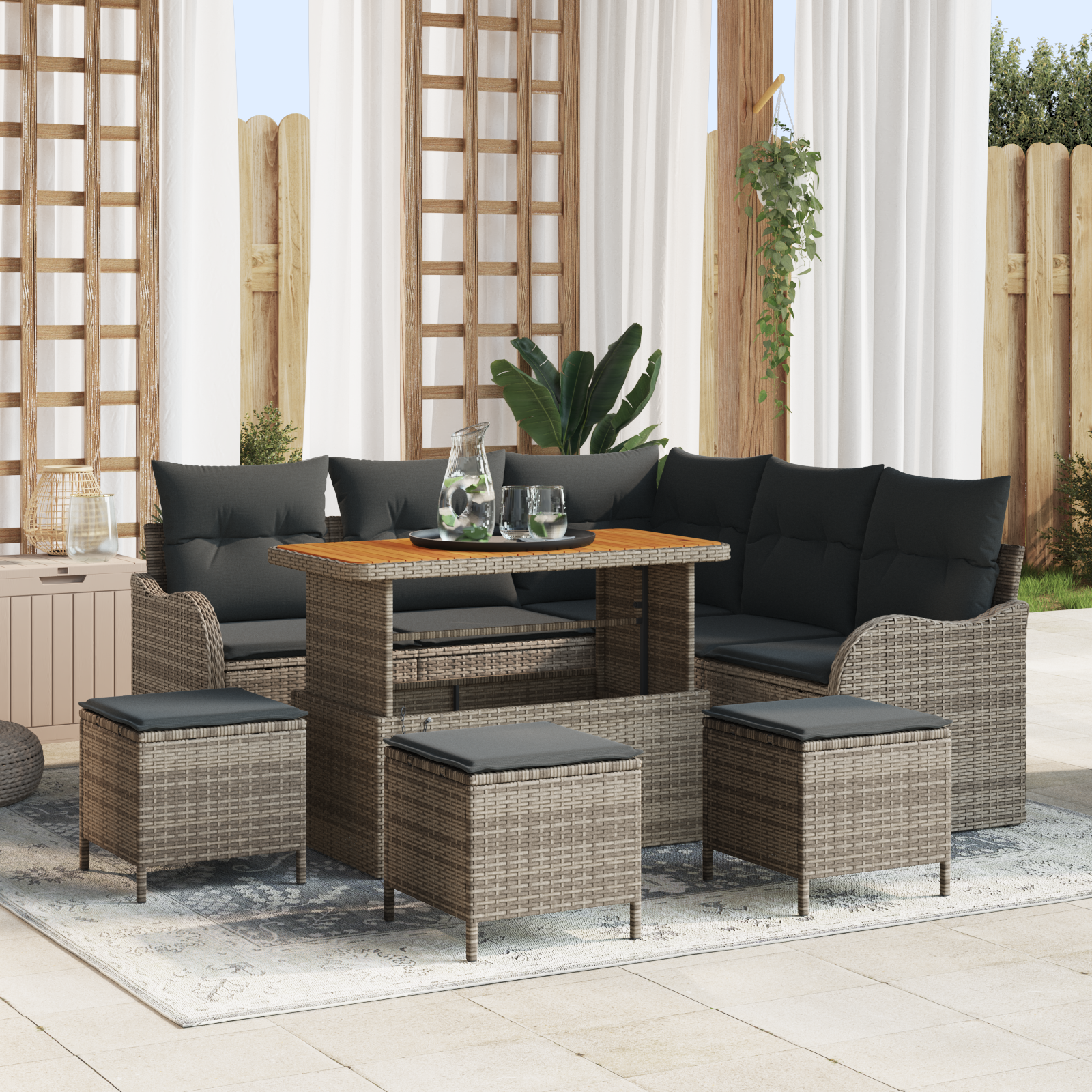 Set da giardino 9 pezzi con cuscini Grigio Polyrattan Acacia