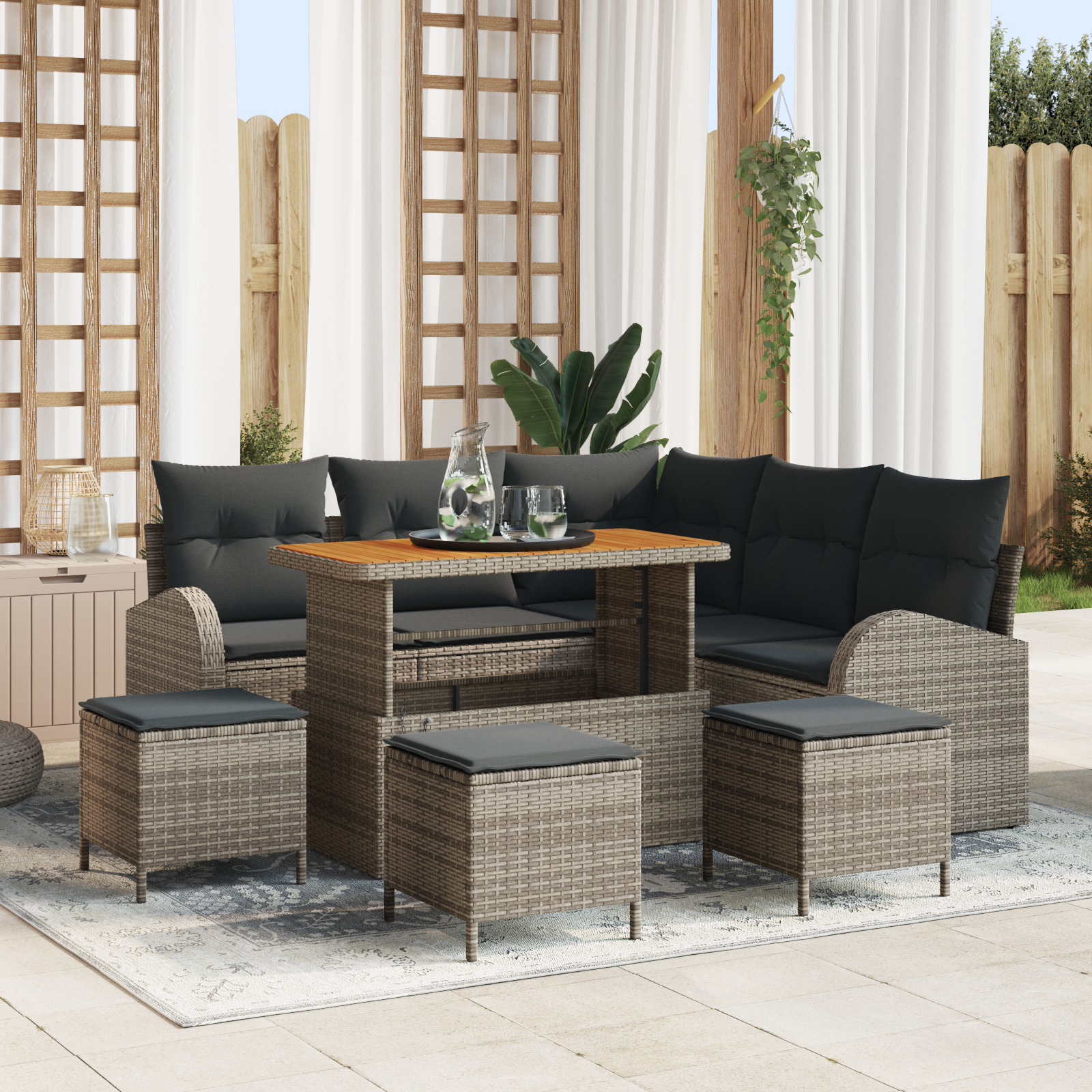 Set di divano da giardino 9 pezzi con cuscini grigio rattan sintetico acacia