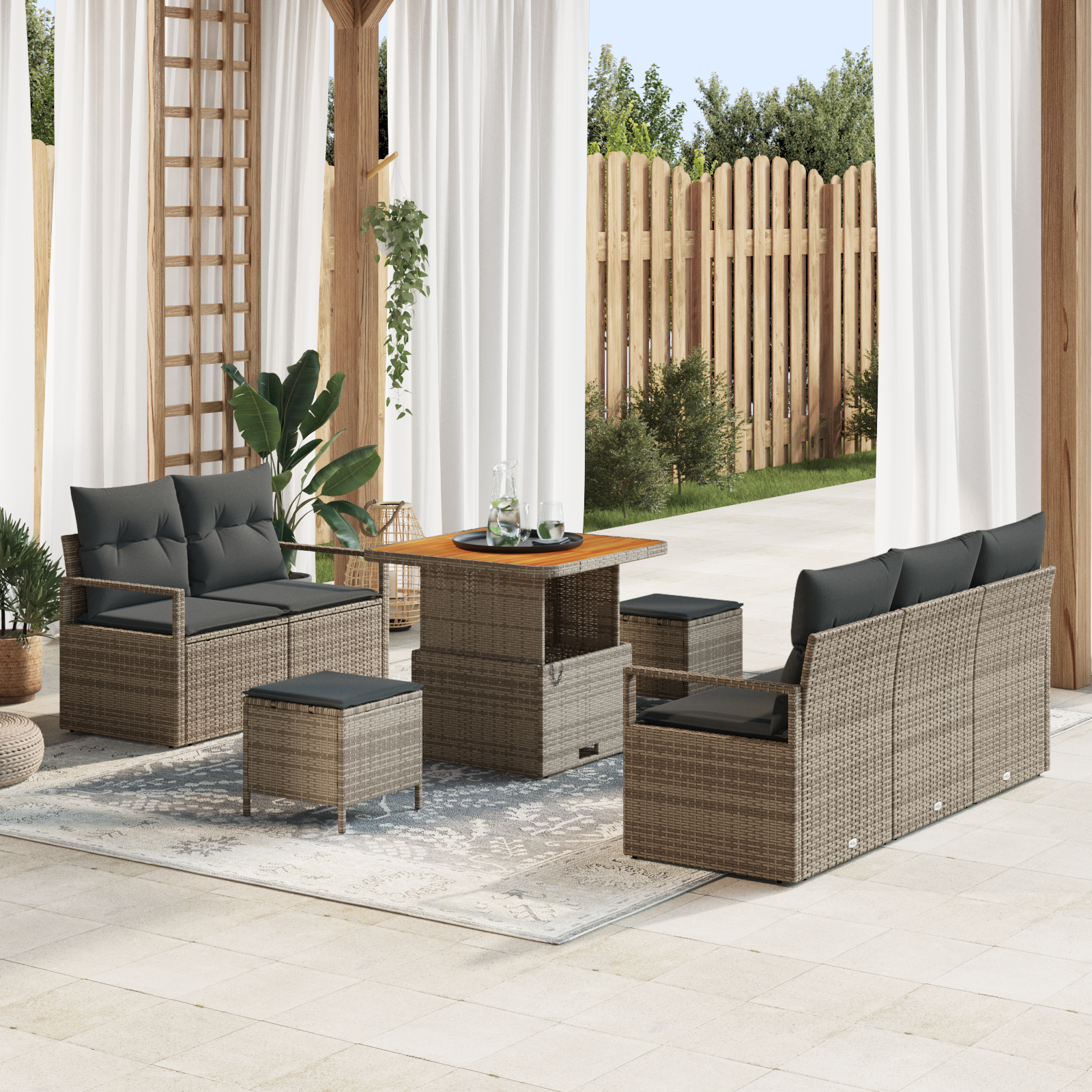 Set di divani da giardino 8 pezzi con cuscini grigi in polyrattan e acacia