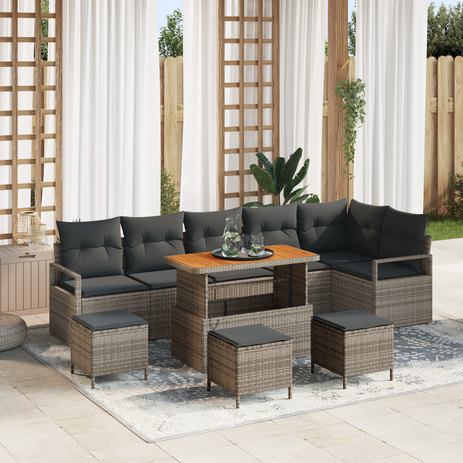 Conjunto de Sofá de Jardim 10 Peças com Almofadas Cinza Rattan Poliéster Acácia, Sofá de Jardim com Armazenamento e Almofadas Cinza Rattan Poliéster, Conjunto de Jantar de Jardim 4 Peças com Almofadas Cinza Rattan Poliéster Acácia