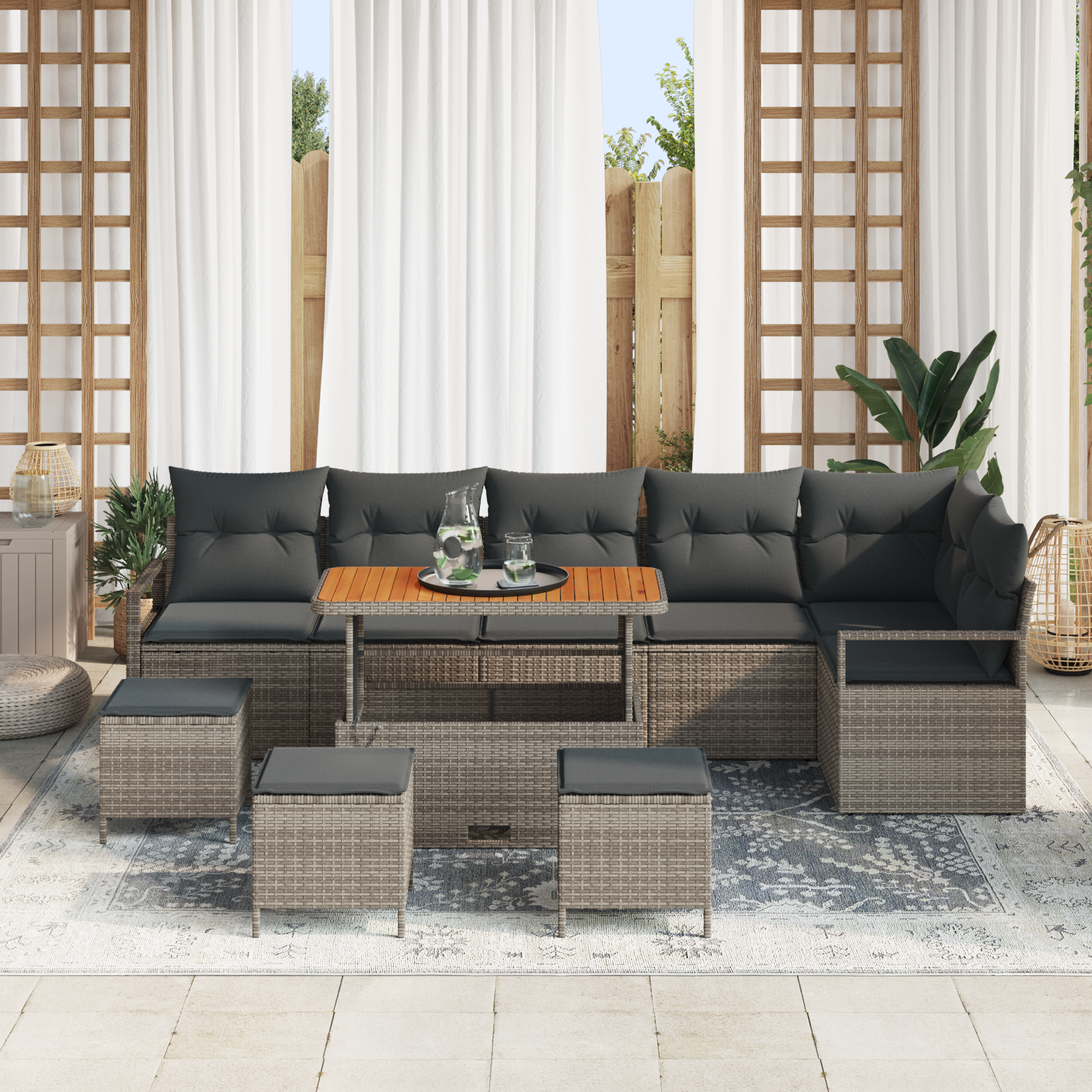 Conjunto de Sofá de Jardim 10 Peças com Almofadas Cinza Rattan Poliéster Acácia, Sofá de Jardim com Armazenamento e Almofadas Cinza Rattan Poliéster, Conjunto de Jantar de Jardim 4 Peças com Almofadas Cinza Rattan Poliéster Acácia - Image 4