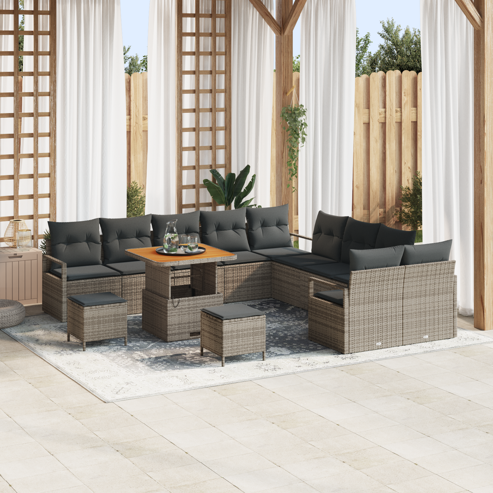 Set di Divano da Giardino da 13 Pezzi con Cuscini Grigio Polyrattan e Acacia