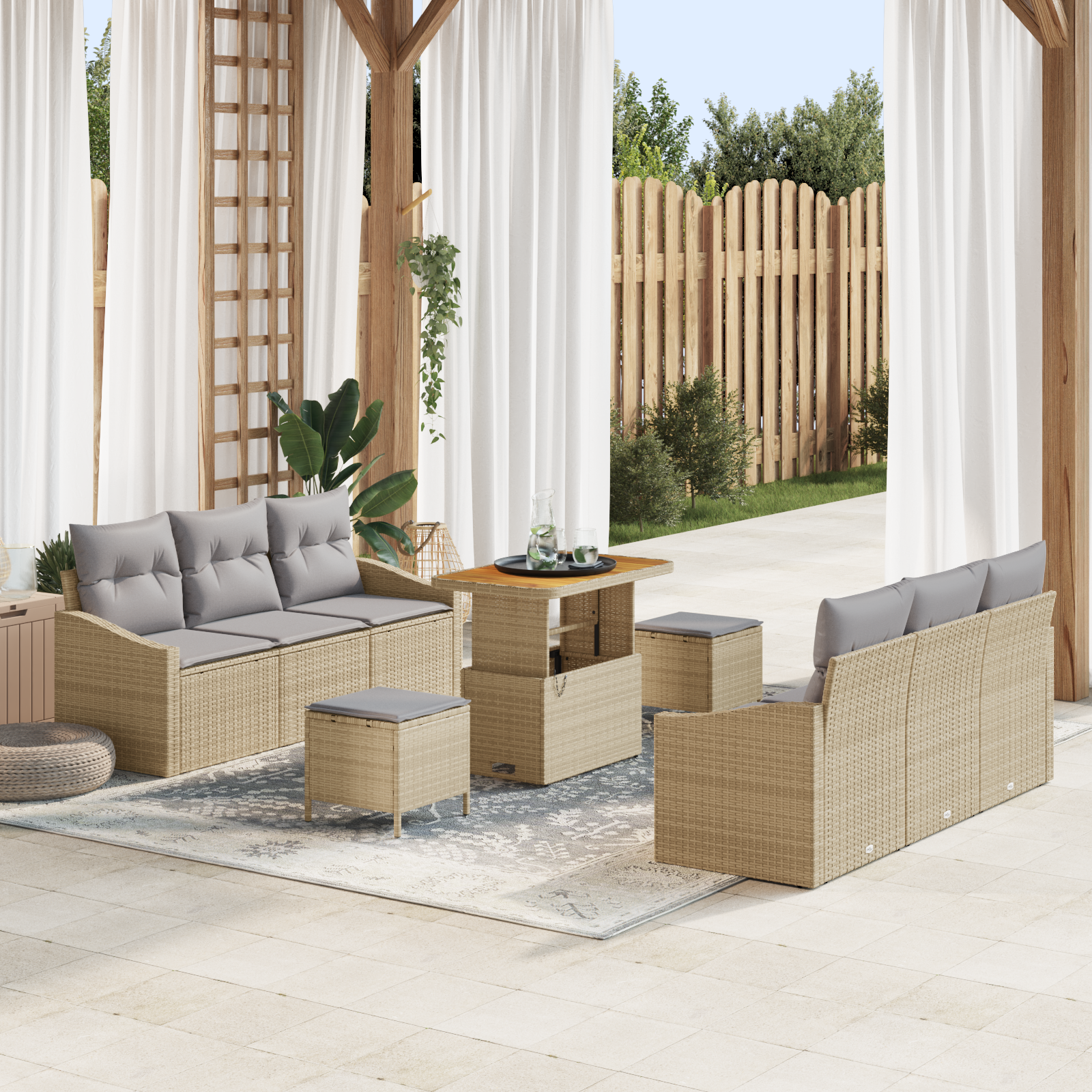 Thumbnail - vidaXL 9-teiliges Garten-Sofa-Set mit Kissen Beige Poly-Rattan Akazie