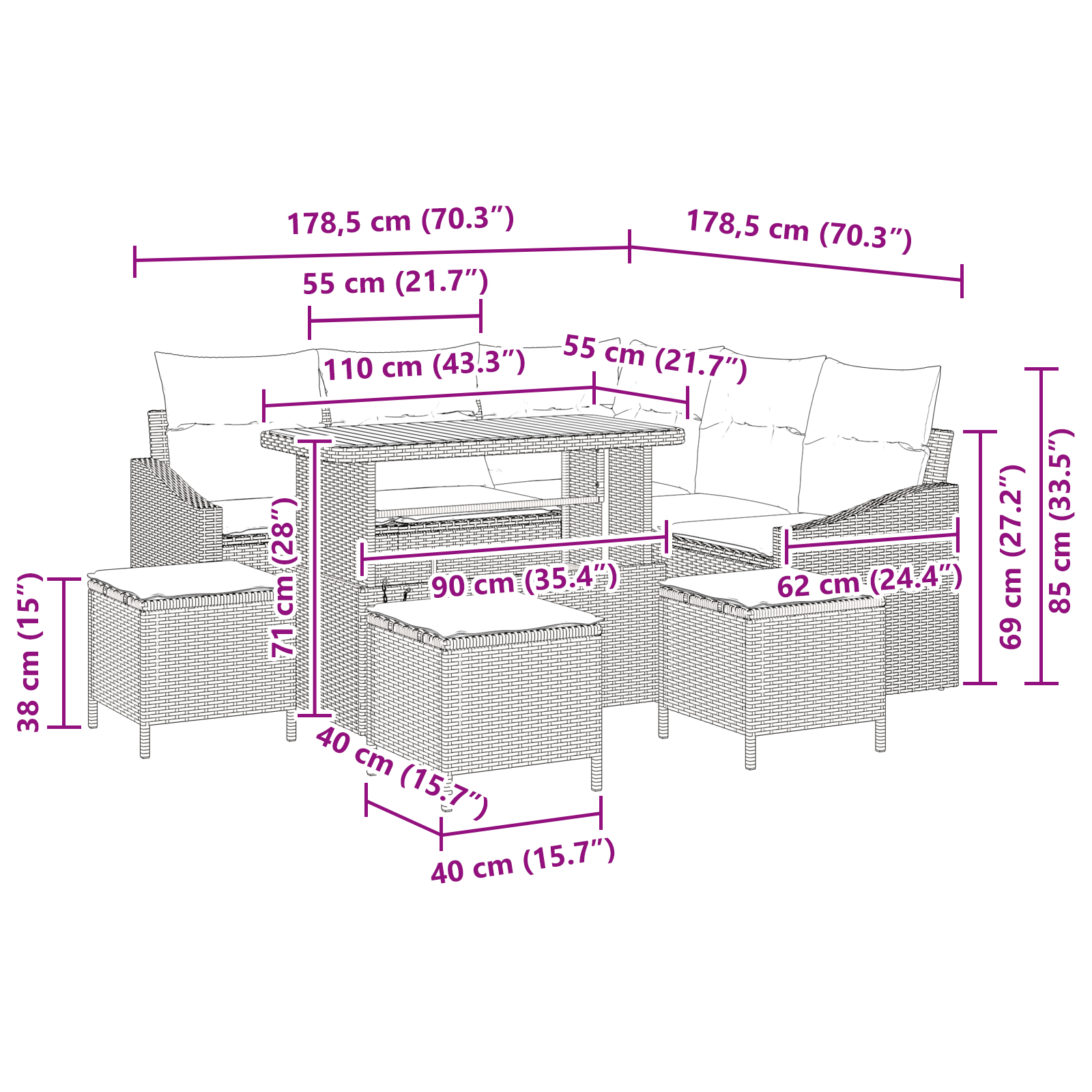 9 dalių sodo sofų komplektas su pagalvėmis kreminės spalvos poli ratanas ir akacijos medis - Image 11