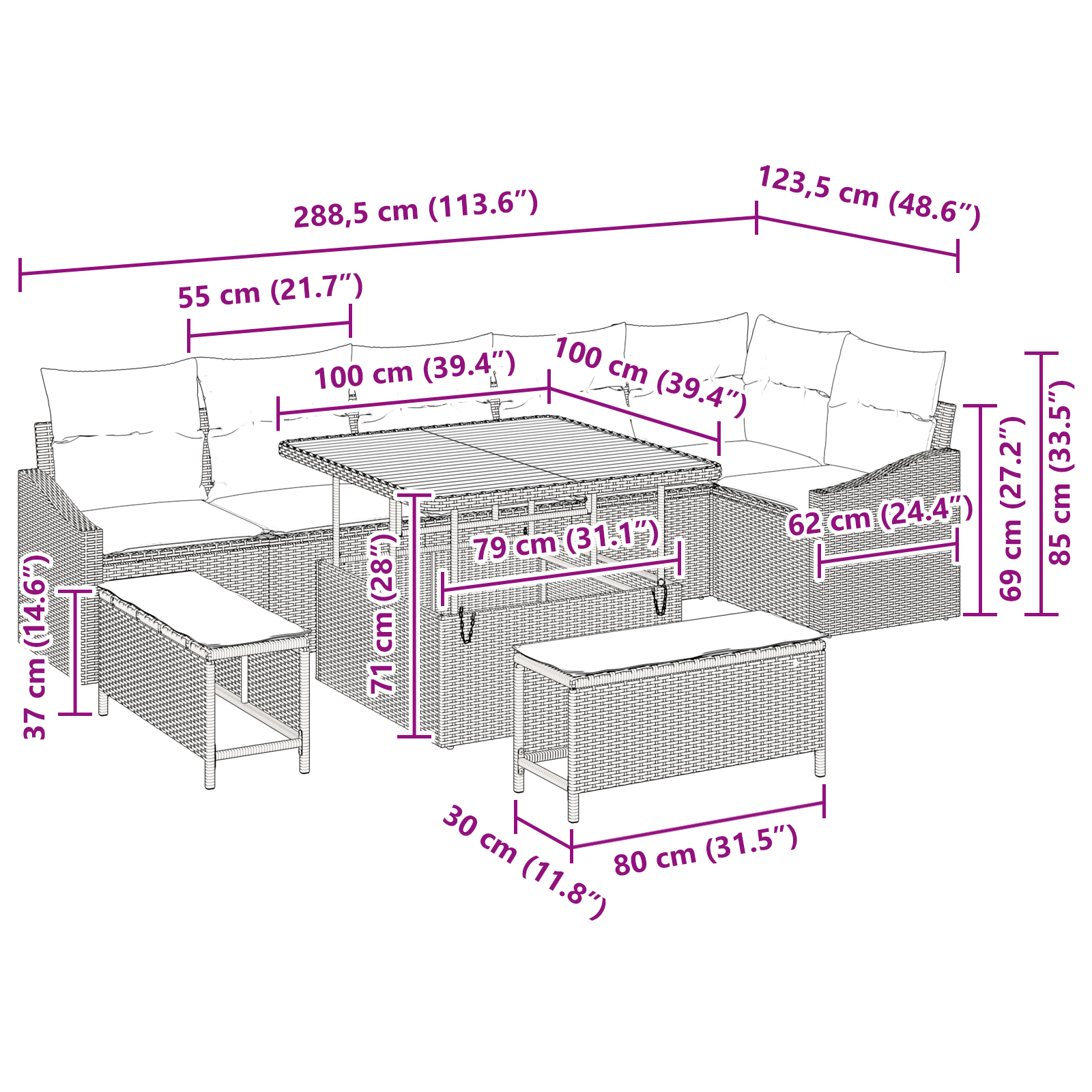 9 dalių sodo sofa su pagalvėlėmis pilka poli ratanas akacija - Image 11