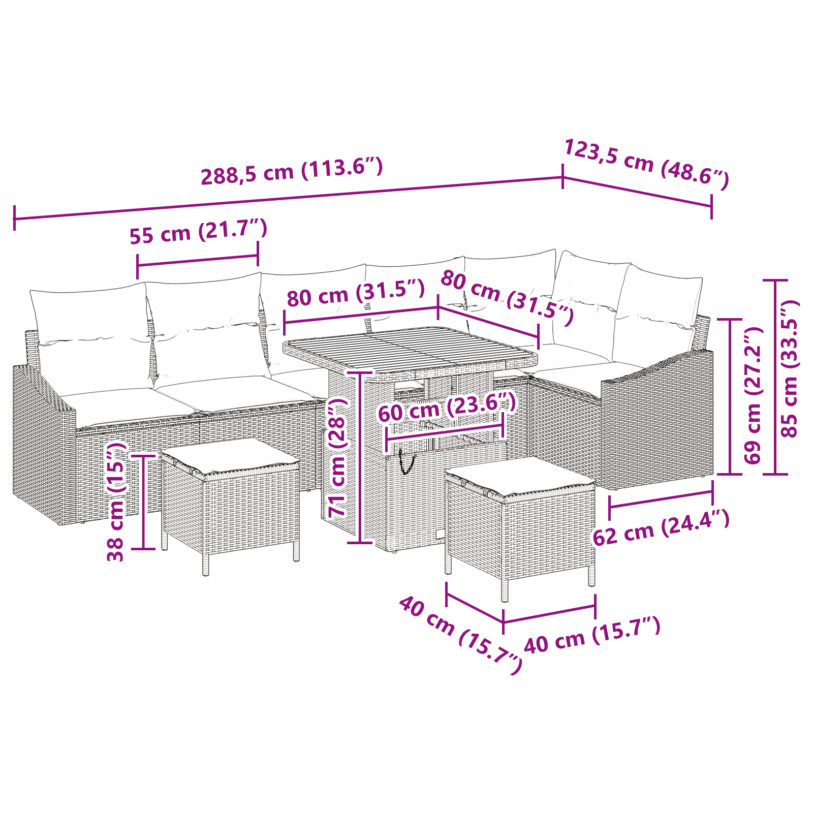 9-членен комплект градински диван с възглавници Черен Полиратан Акация, vidaXL 2-местен градински диван с място за съхранение и възглавници Черен Полиратан, vidaXL 3-частен комплект за градинско хранене с възглавници Черен Полиратан Акация - Image 7