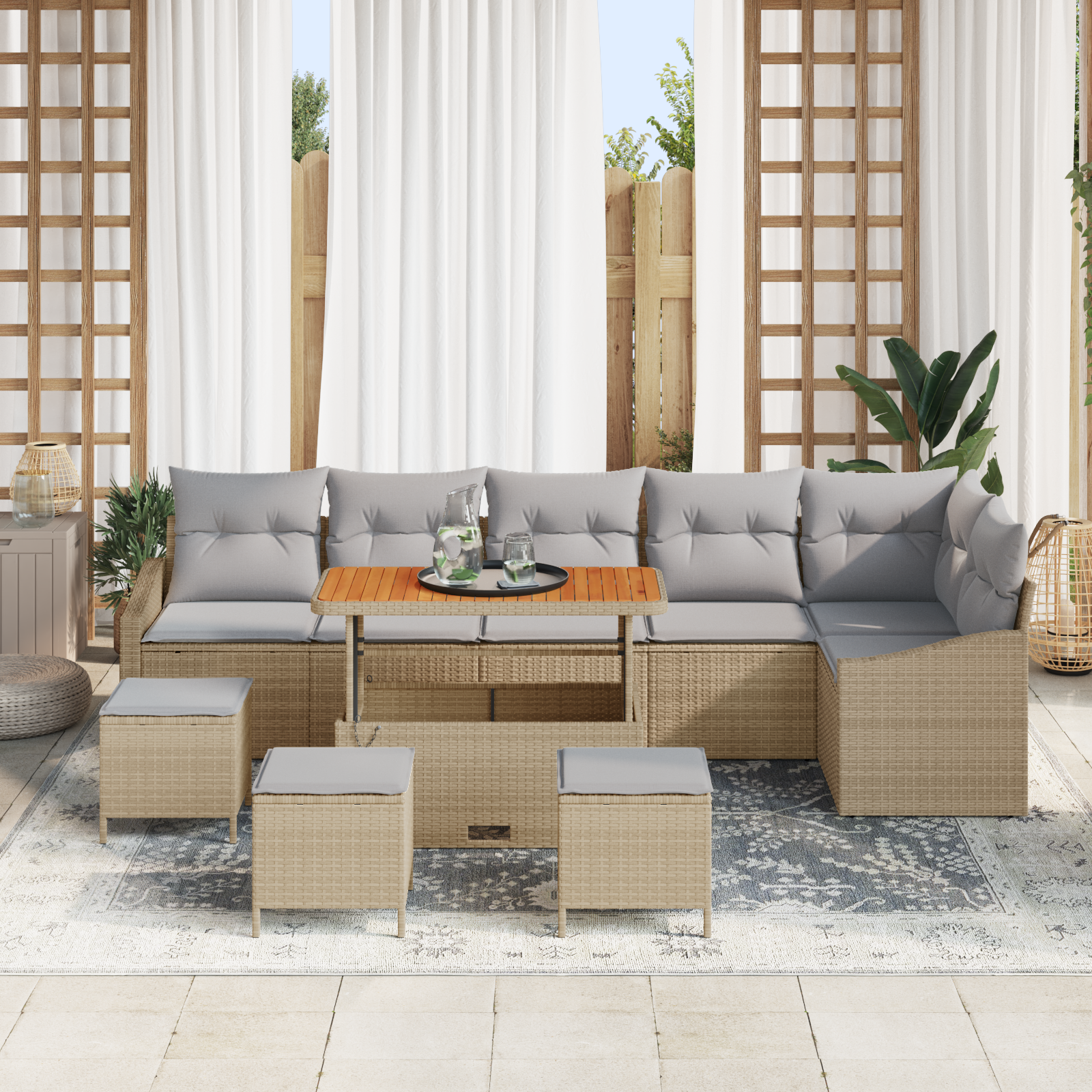 Set Divano da Giardino con Cuscini Beige Poliratan Acacia da 10 Pezzi