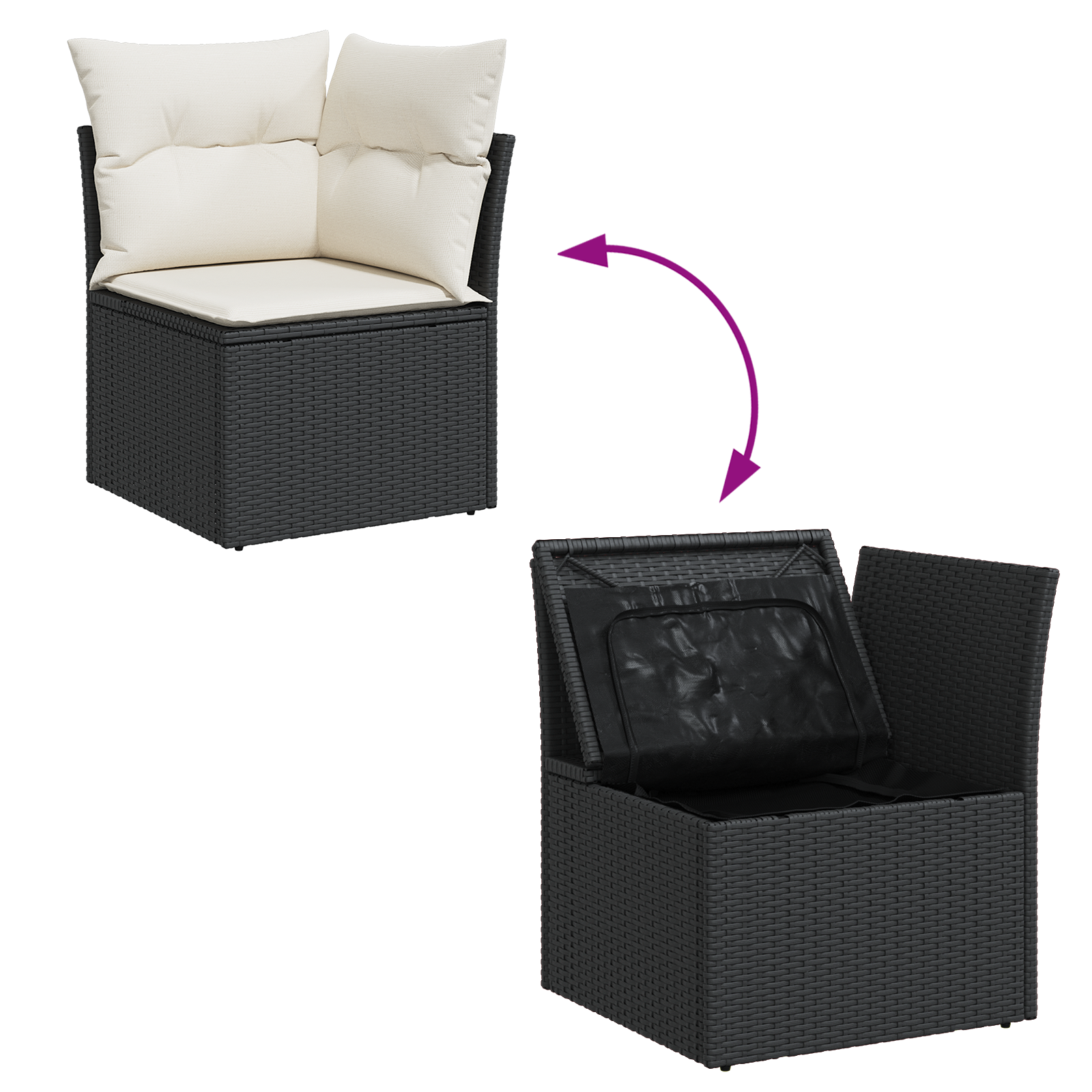 Conjunto de Sofá de Jardim 12 Peças com Almofadas Preto Vime Poliéster Acácia, Sofá de Jardim 2-Lugares com Armazenamento e Almofadas Preto Vime Poliéster, Conjunto de Jantar de Jardim 3 Peças com Almofadas Preto Vime Poliéster Acácia