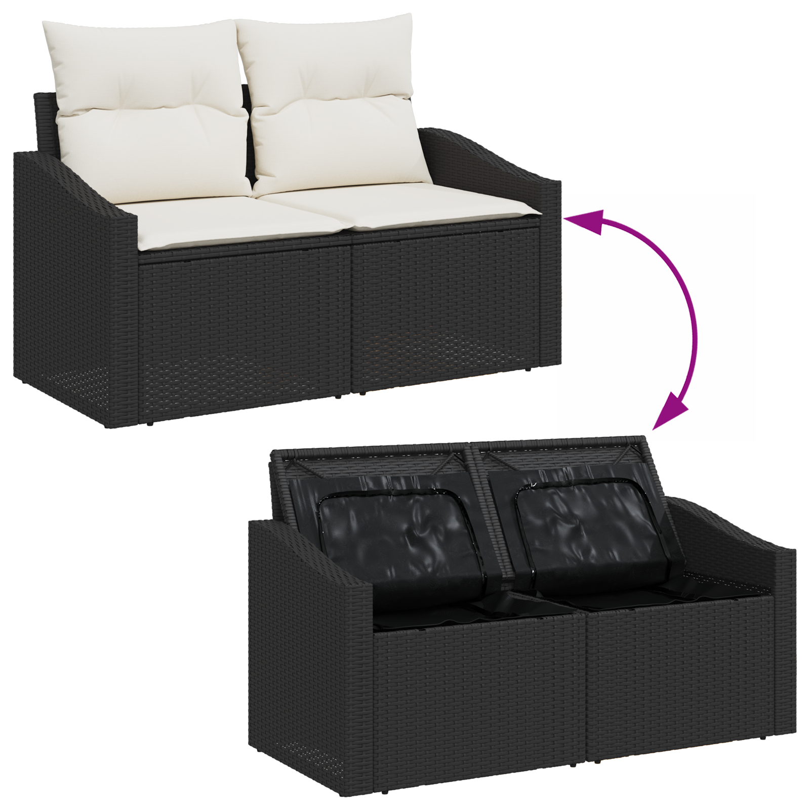 Conjunto de Sofá de Jardim 12 Peças com Almofadas Preto Vime Poliéster Acácia, Sofá de Jardim 2-Lugares com Armazenamento e Almofadas Preto Vime Poliéster, Conjunto de Jantar de Jardim 3 Peças com Almofadas Preto Vime Poliéster Acácia