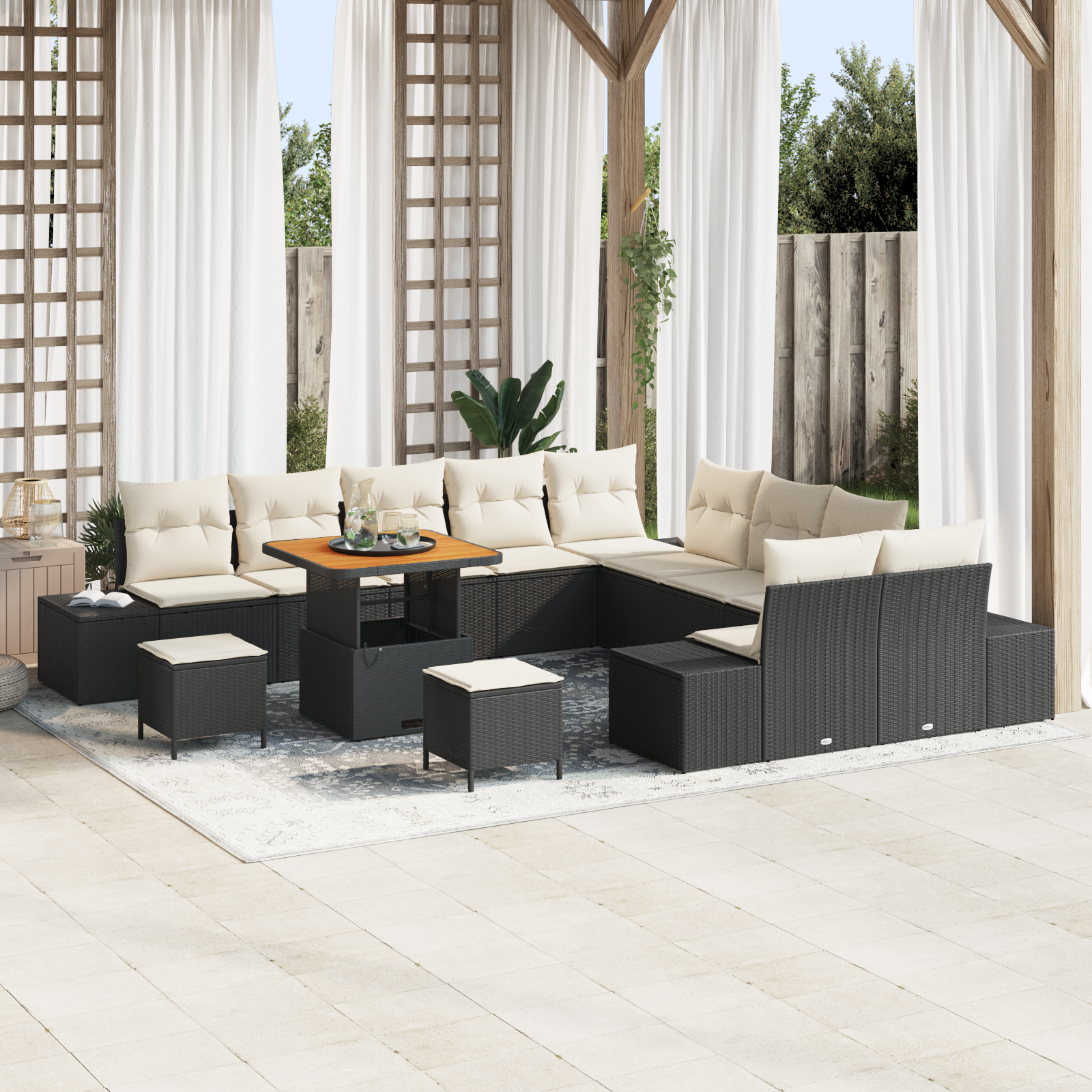 Conjunto de Sofá de Jardim de 13 Peças com Almofadas Preto Poli Rattan Acácia Conjunto de Sofá de Jardim de 13 Peças com Almofadas Preto Poli Rattan Acácia