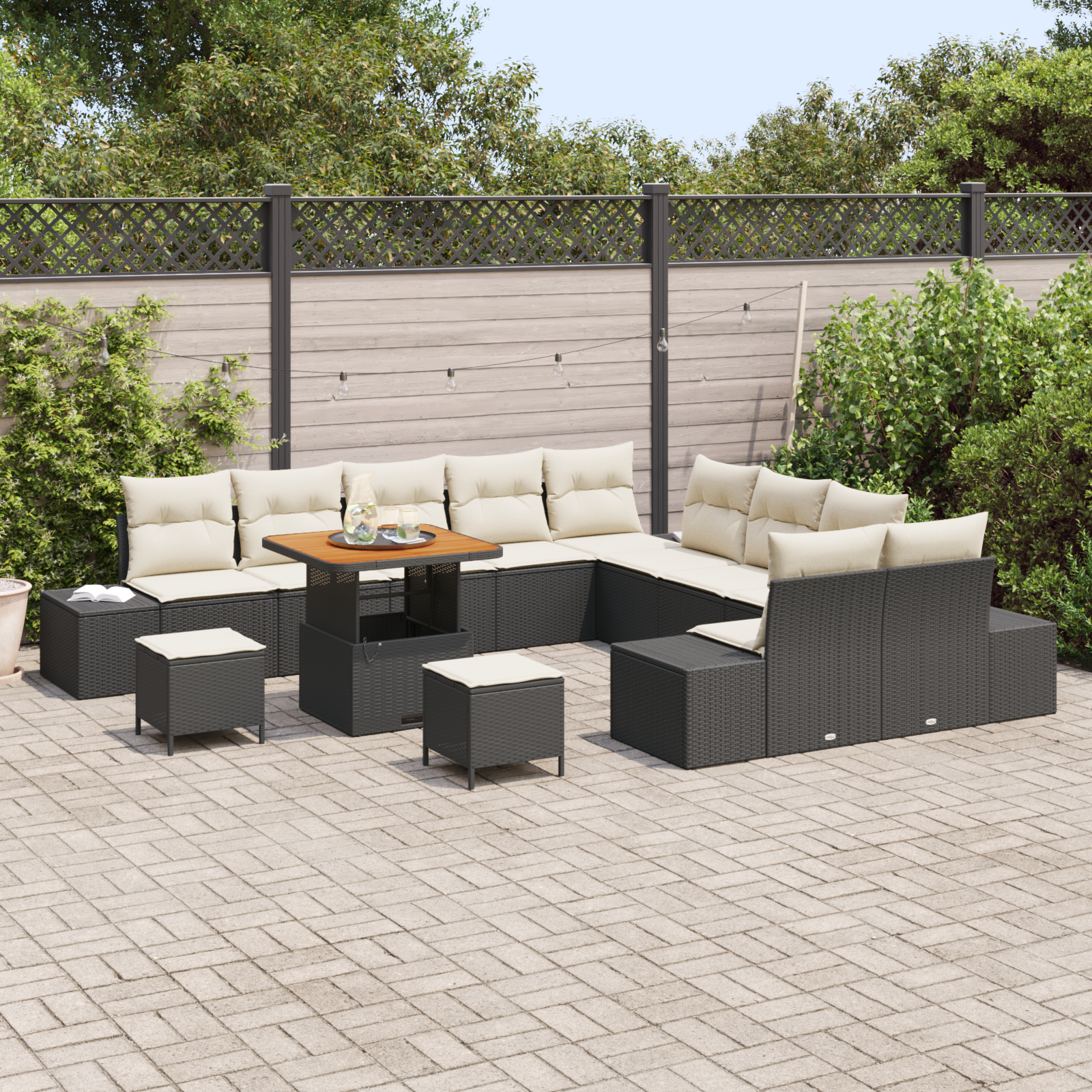 Conjunto de Sofá de Jardim de 13 Peças com Almofadas Preto Poli Rattan Acácia
