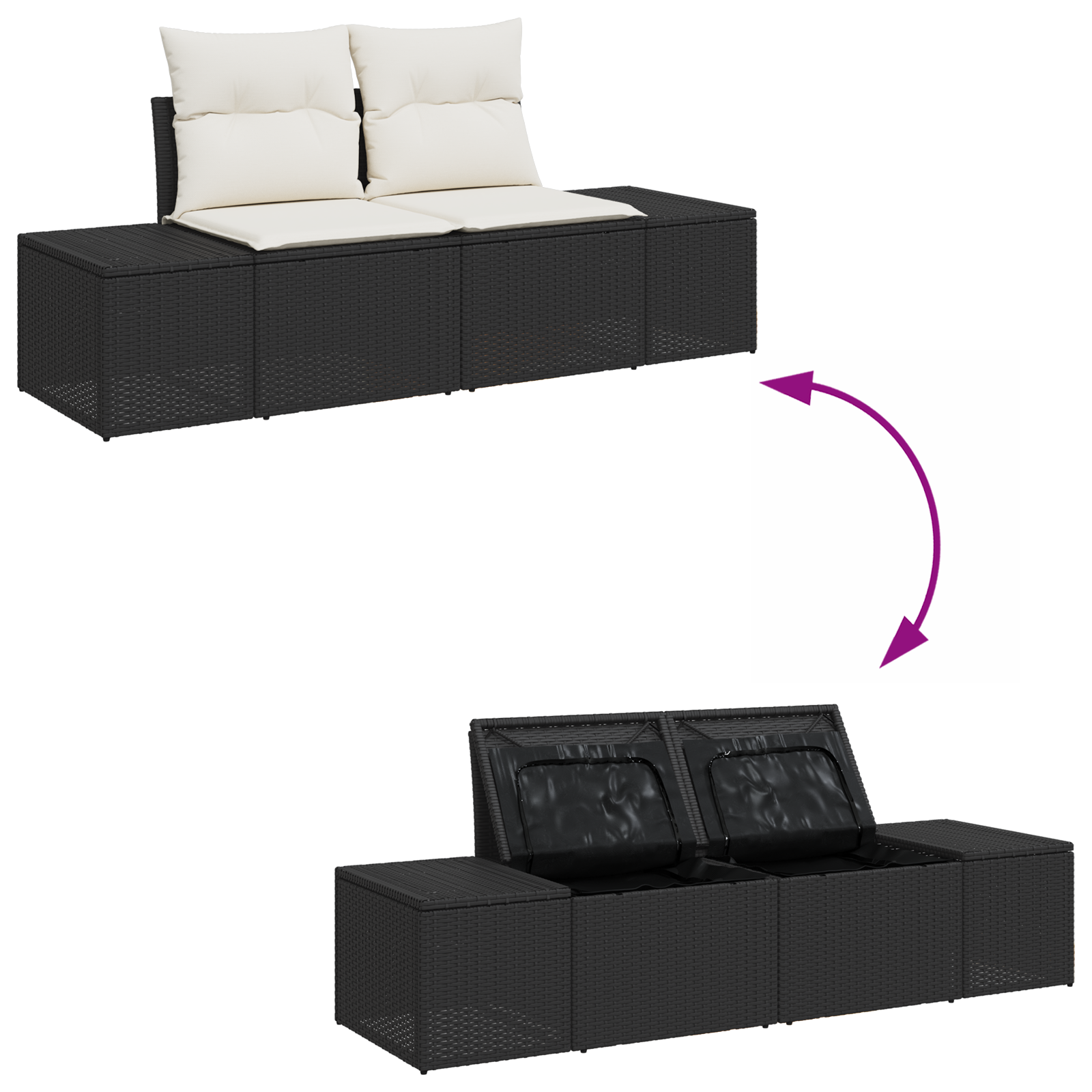 Conjunto de Sofá de Jardim de 14 Peças com Almofadas Preto Polirattan Acácia, Sofá de Jardim de com Armazenamento e Almofadas Preto Polirattan, Conjunto de Jantar de Jardim de 4 Peças com Almofadas Preto Polirattan Acácia