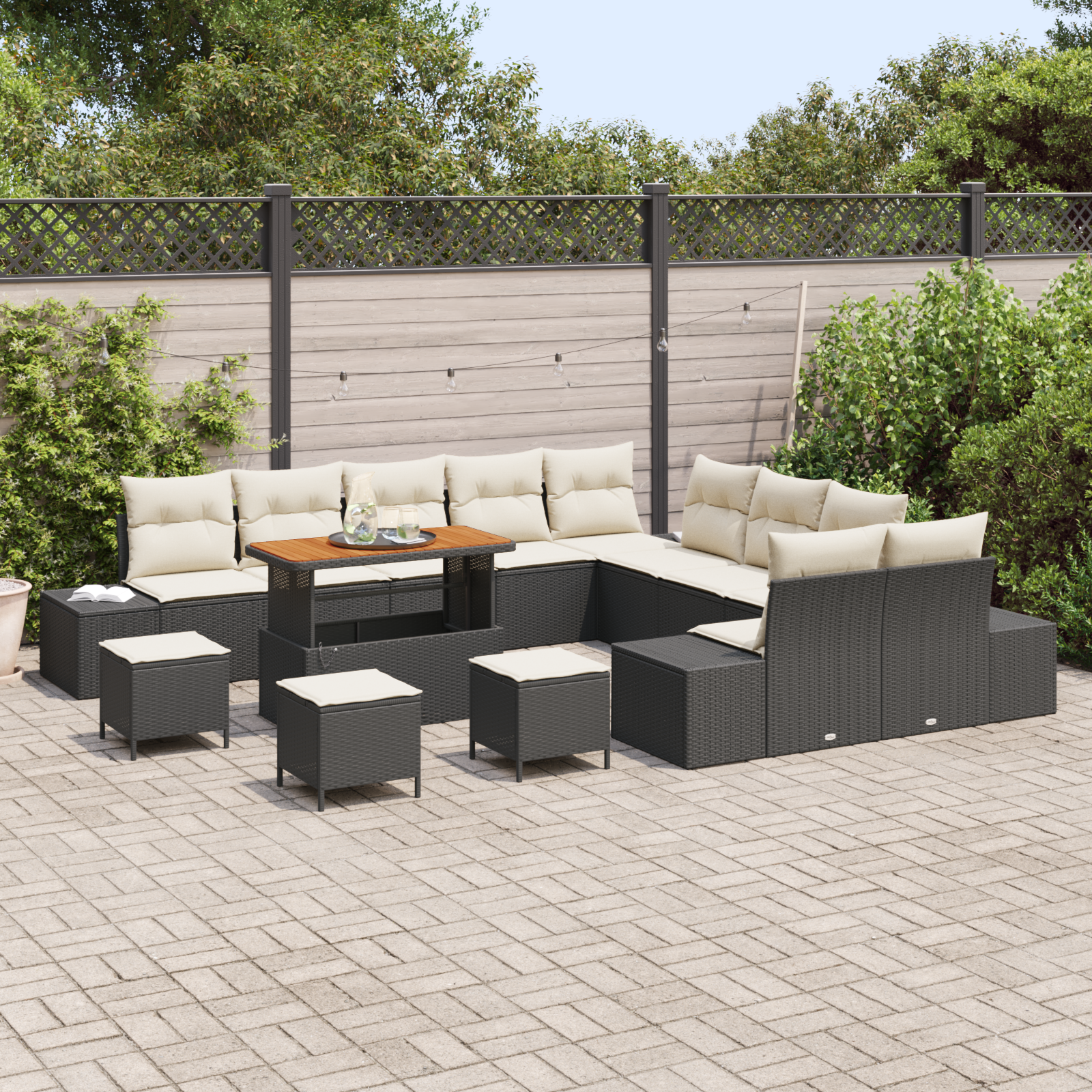 Conjunto de Sofá de Jardim de 14 Peças com Almofadas Preto Polirattan Acácia, Sofá de Jardim de com Armazenamento e Almofadas Preto Polirattan, Conjunto de Jantar de Jardim de 4 Peças com Almofadas Preto Polirattan Acácia