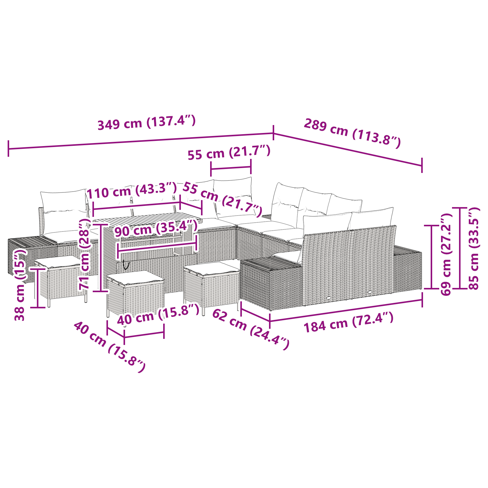 Conjunto de Sofá de Jardim de 14 Peças com Almofadas Preto Polirattan Acácia, Sofá de Jardim de com Armazenamento e Almofadas Preto Polirattan, Conjunto de Jantar de Jardim de 4 Peças com Almofadas Preto Polirattan Acácia