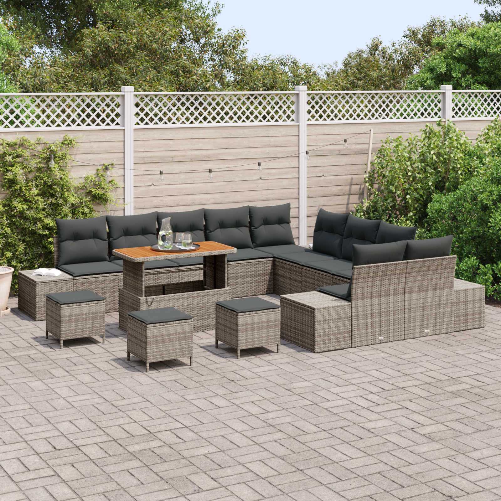 Conjunto de Sofá de Jardim de 14 Peças com Almofadas Cinzento Poliratan Acácia, Sofá de Jardim de com Armazenamento e Almofadas Cinzento Poliratan, Conjunto de Jantar de Jardim de 4 Peças com Almofadas Cinzento Poliratan Acácia