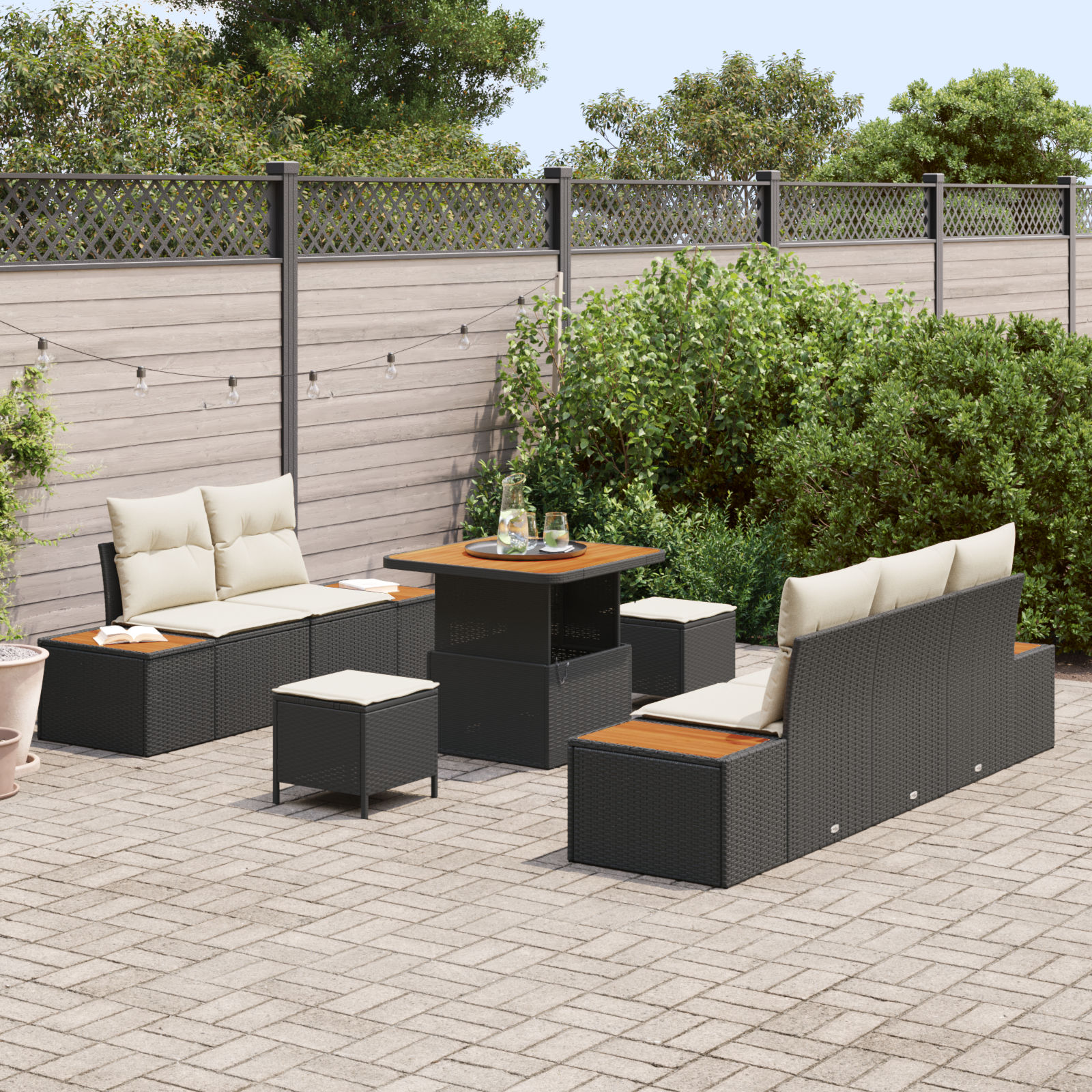 Conjunto de Sofá de Jardim 8 Peças com Almofadas Preto Rattan Poliéster Acácia, Sofá de Jardim com Armazenamento e Almofadas Preto Rattan Poliéster, Conjunto de Jantar de Jardim 3 Peças com Almofadas Preto Rattan Poliéster Acácia