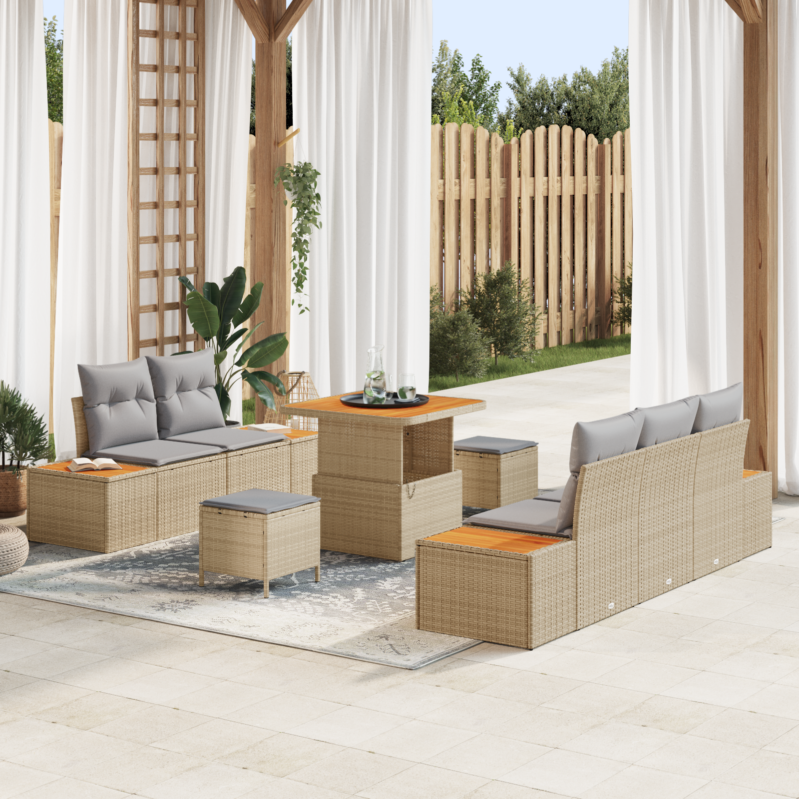 Conjunto de Sofás de Jardim de 8 Peças com Almofadas em Rattan Poliéster Bege, Sofá de Jardim de com Armazenamento e Almofadas em Rattan Poliéster Bege, Conjunto de Jantar de Jardim de 3 Peças com Almofadas em Rattan Poliéster Bege