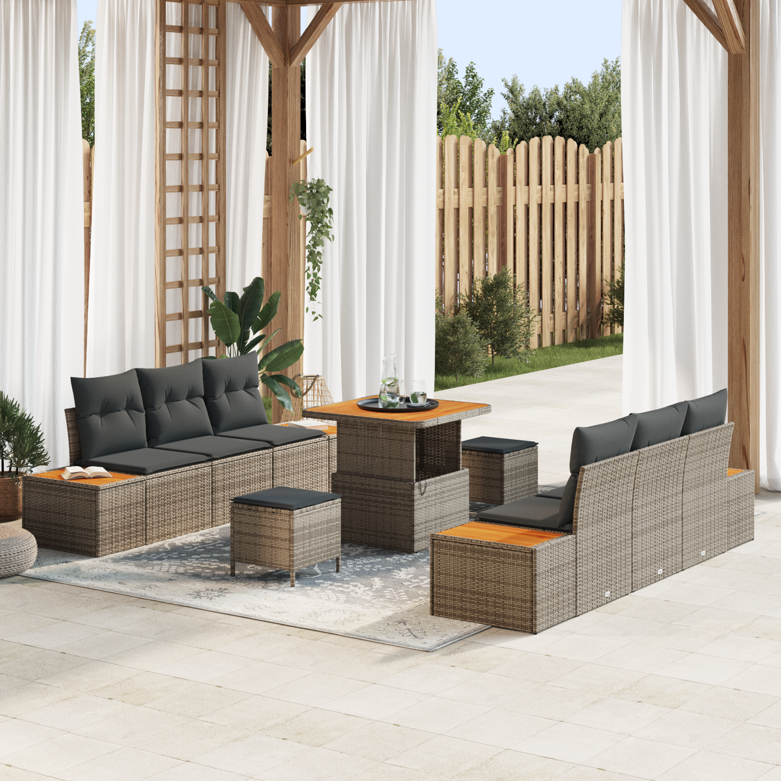 Set Divano da Giardino con Cuscini 9 Pezzi Rattan Poliestere Grigio Acacia