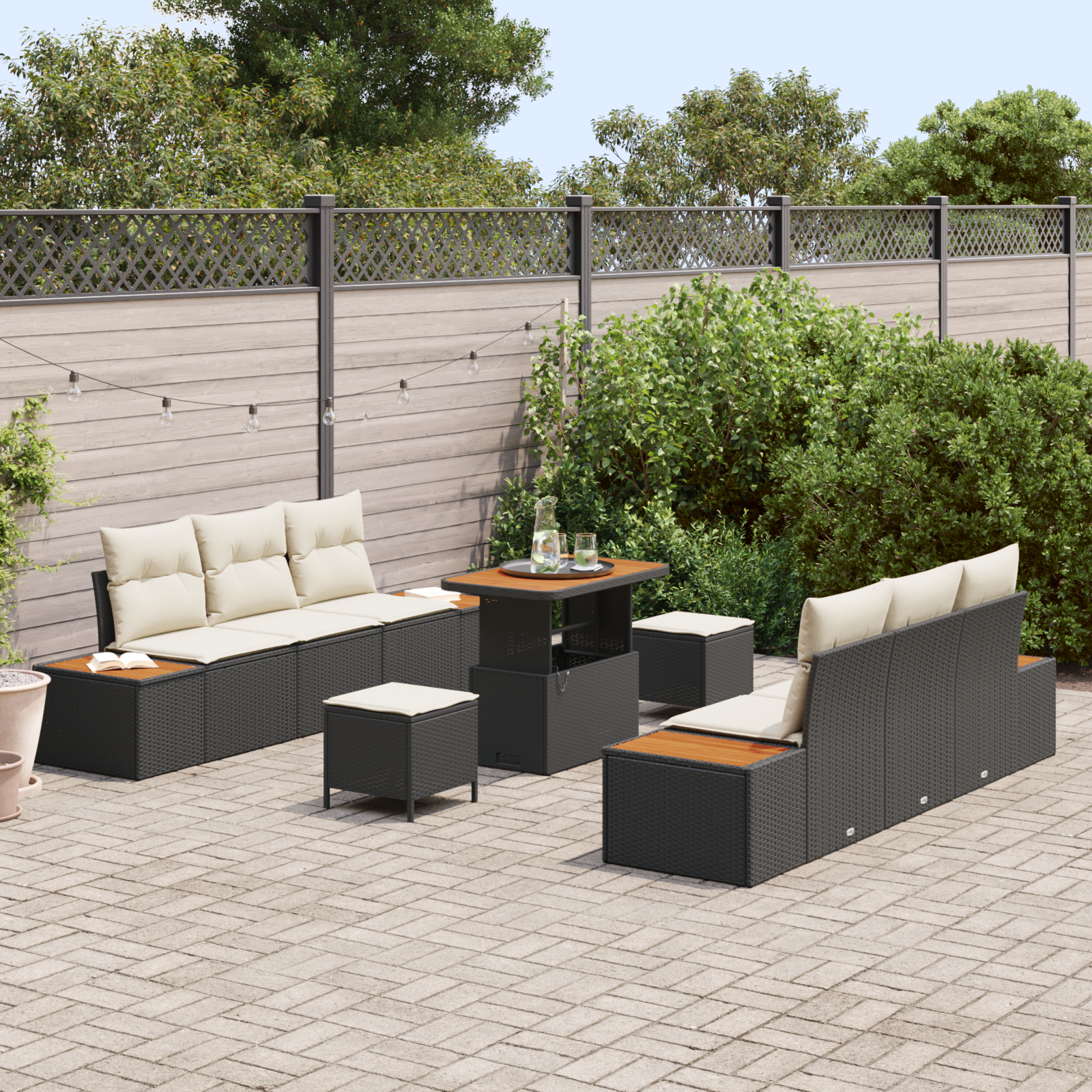 Conjunto de Sofá de Jardim 9 Peças com Almofadas Rattan Poli Preto Acácia, Sofá de Jardim com Armazenamento e Almofadas Rattan Poli Preto, Conjunto de Jantar de Jardim 3 Peças com Almofadas Rattan Poli Preto Acácia