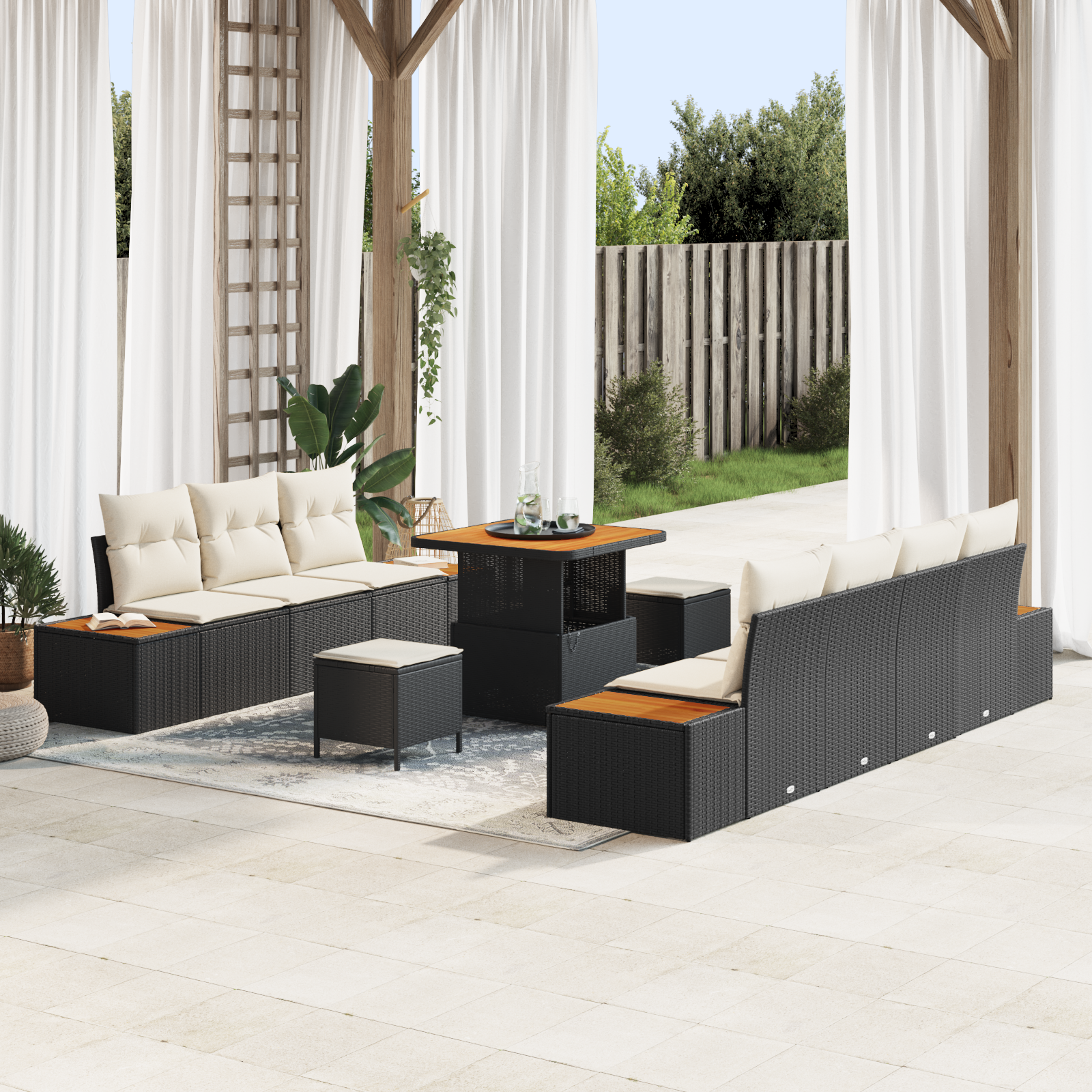 Conjunto de Sofá de Jardim com 10 Peças com Almofadas Preto Rattan Polimérico Acácia Conjunto de Sofá de Jardim com 10 Peças com Almofadas Preto Rattan Polimérico Acácia