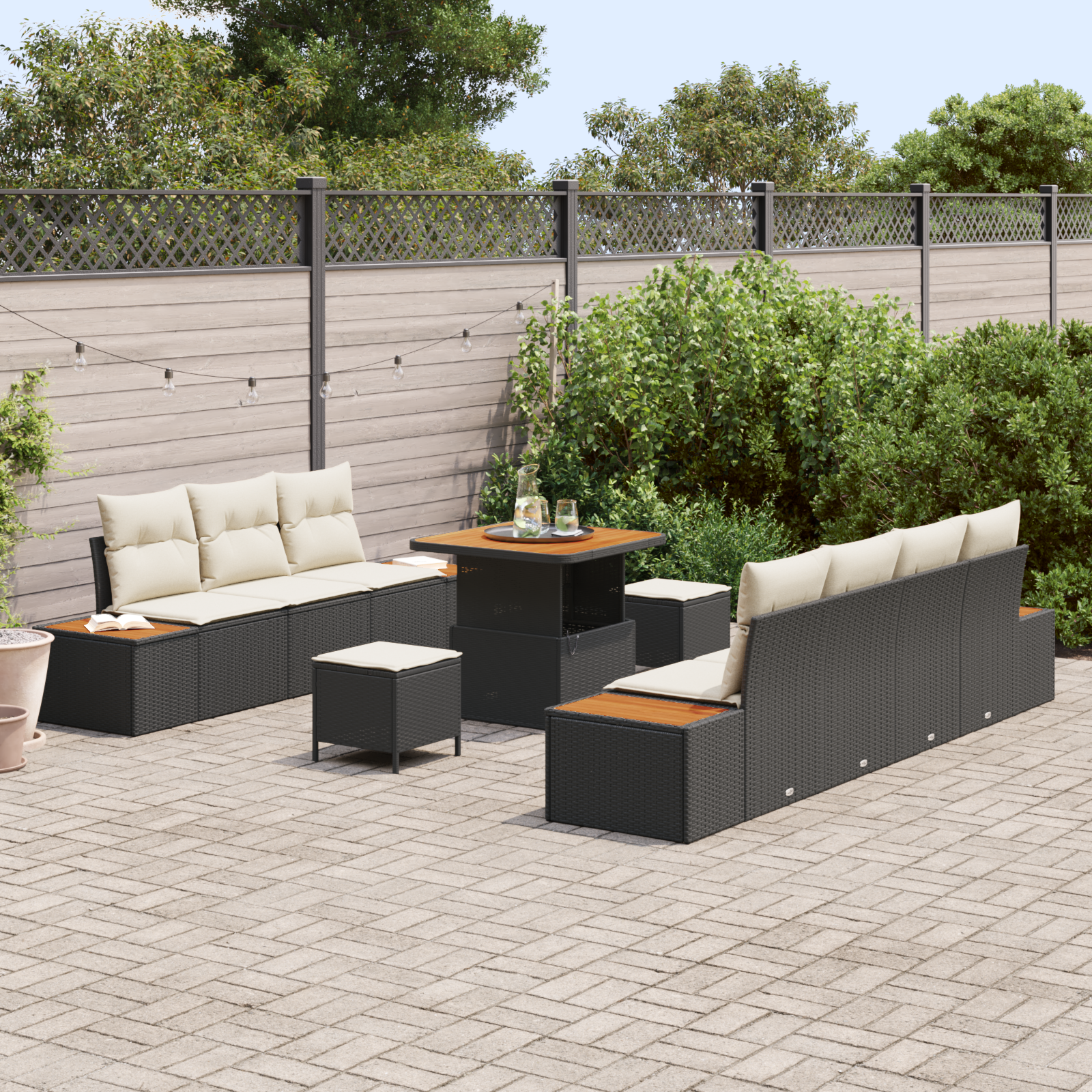 Conjunto de Sofá de Jardim com 10 Peças com Almofadas Preto Rattan Polimérico Acácia