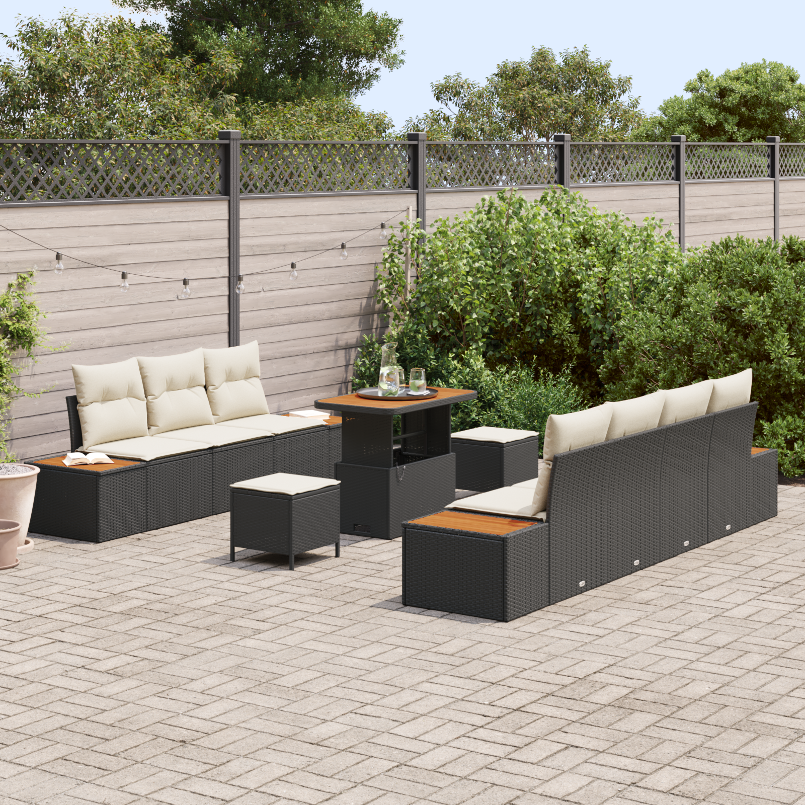 Conjunto de Sofá de Jardim de 10 Peças Com Almofadas Preto Vime Sintético Acácia, Sofá de Jardim de Com Armazenamento e Almofadas Preto Vime Sintético, Conjunto de Jantar de Jardim de 3 Peças Com Almofadas Preto Vime Sintético Acácia
