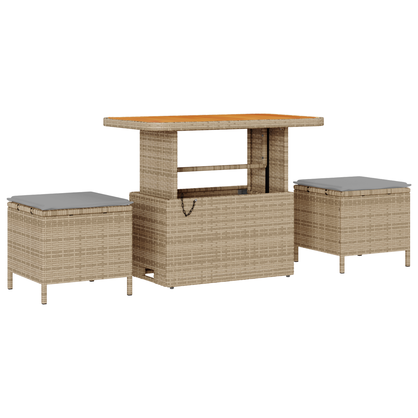 Conjunto de Sofá de Jardim de 10 Peças com Almofadas Bege Rattan Acácia, Sofá de Jardim para com Armazenamento e Almofadas Bege Rattan Poliéster, Conjunto de Jantar de Jardim de 3 Peças com Almofadas Bege Rattan Acácia