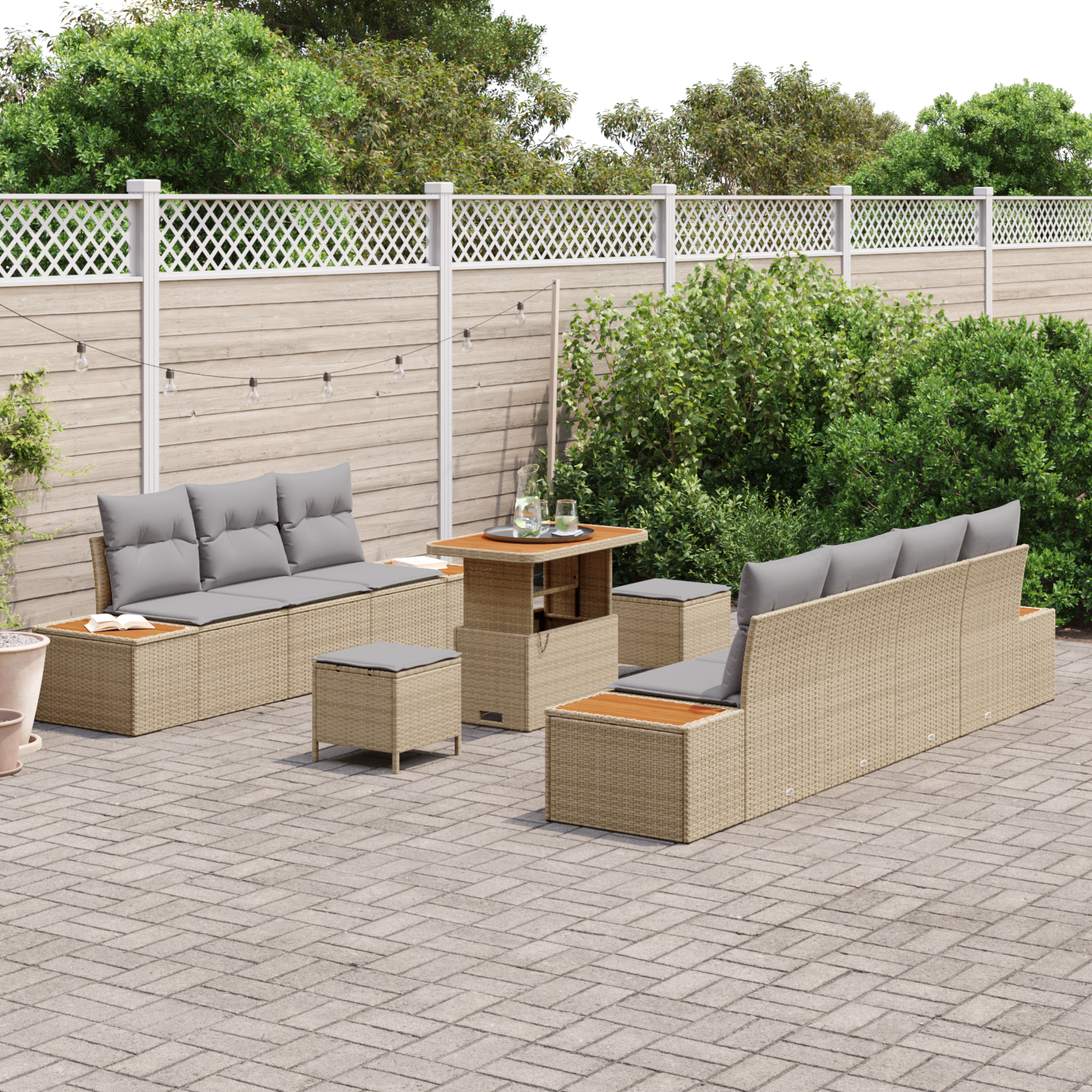 Conjunto de Sofá de Jardim de 10 Peças com Almofadas Bege Rattan Acácia, Sofá de Jardim para com Armazenamento e Almofadas Bege Rattan Poliéster, Conjunto de Jantar de Jardim de 3 Peças com Almofadas Bege Rattan Acácia