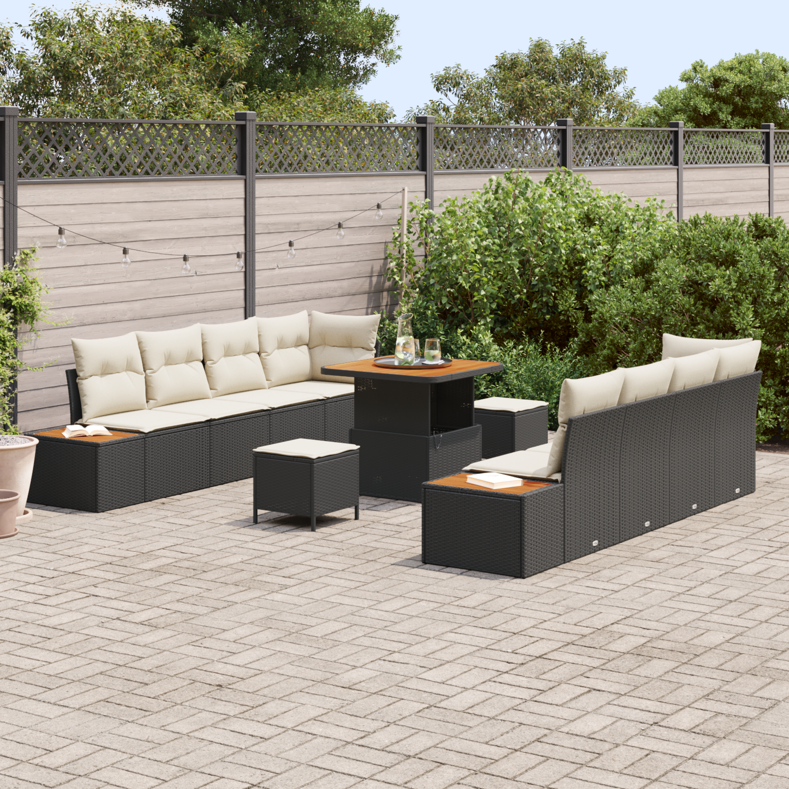 Conjunto de Sofá de Jardim com Almofadas Preto Rattan Poliéster Acácia, Sofá de Jardim para com Armazenamento e Almofadas Preto Rattan Poliéster, Conjunto de Jantar de Jardim com Almofadas Preto Rattan Poliéster Acácia