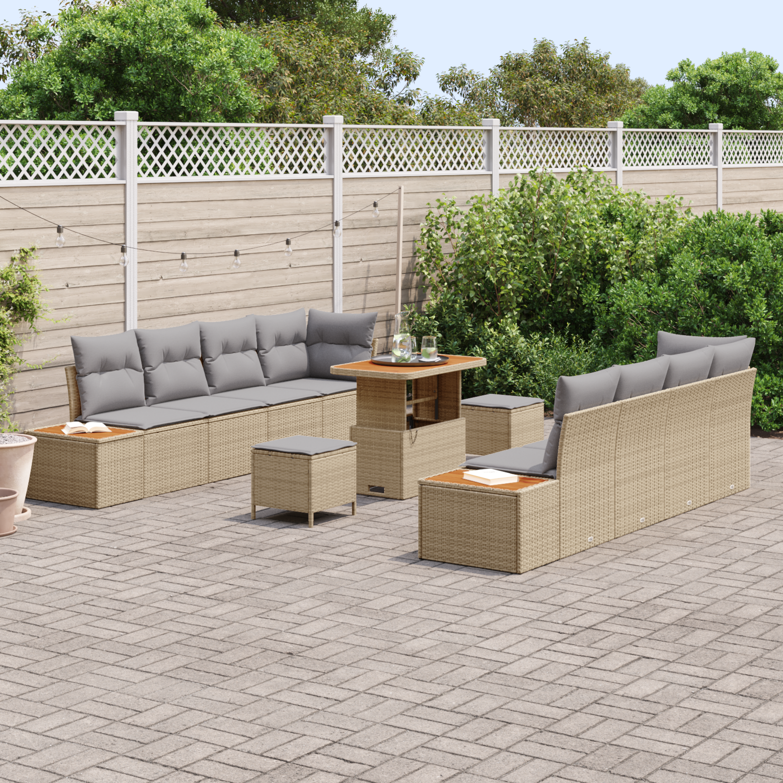 Conjunto de Sofá de Jardim de 11 Peças com Almofadas Bege em Rattan Poliéster Acácia