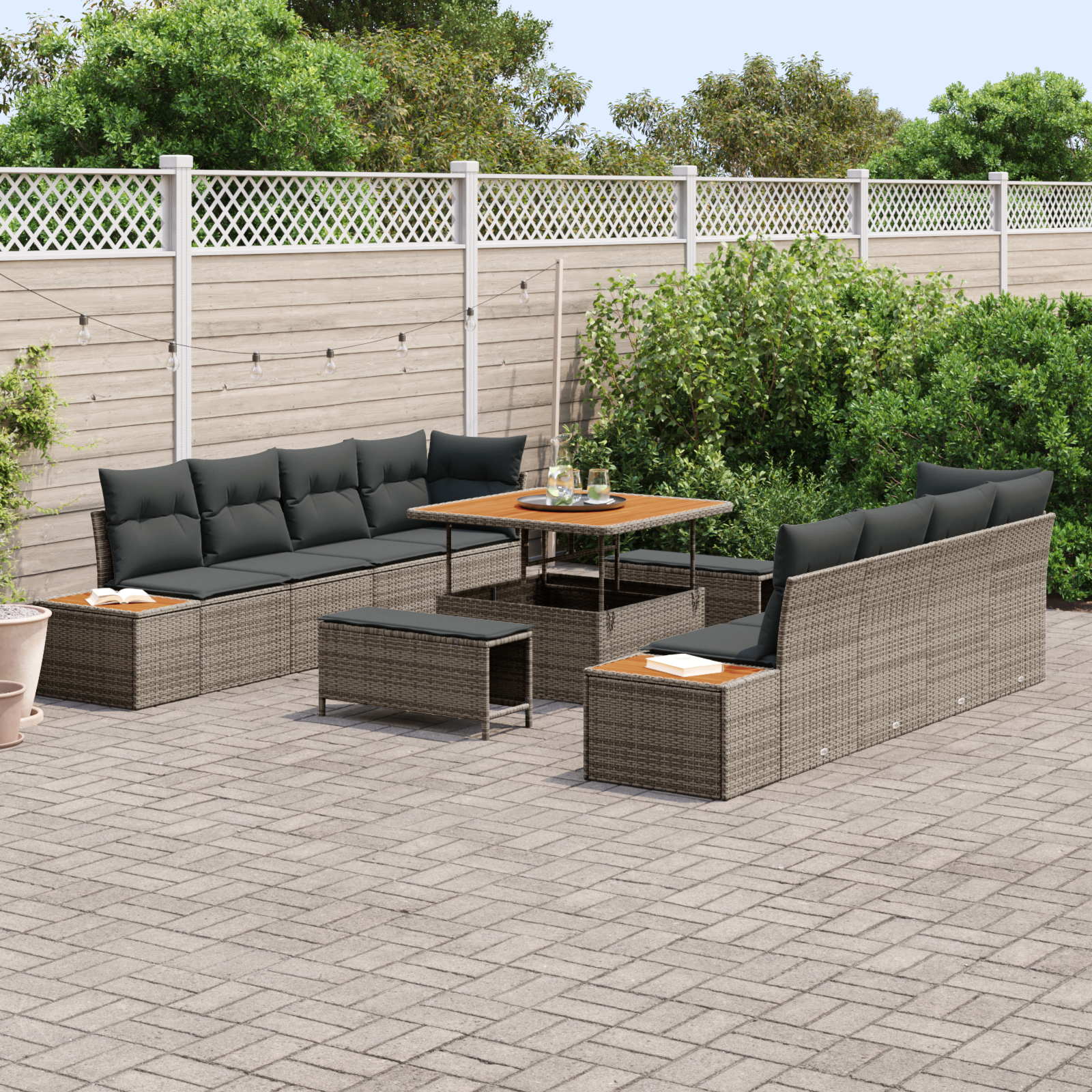 11-teiliges Garten-Sofa-Set mit Kissen Grau Poly-Rattan Akazie - Gartenmöbel - Your Garden Eden