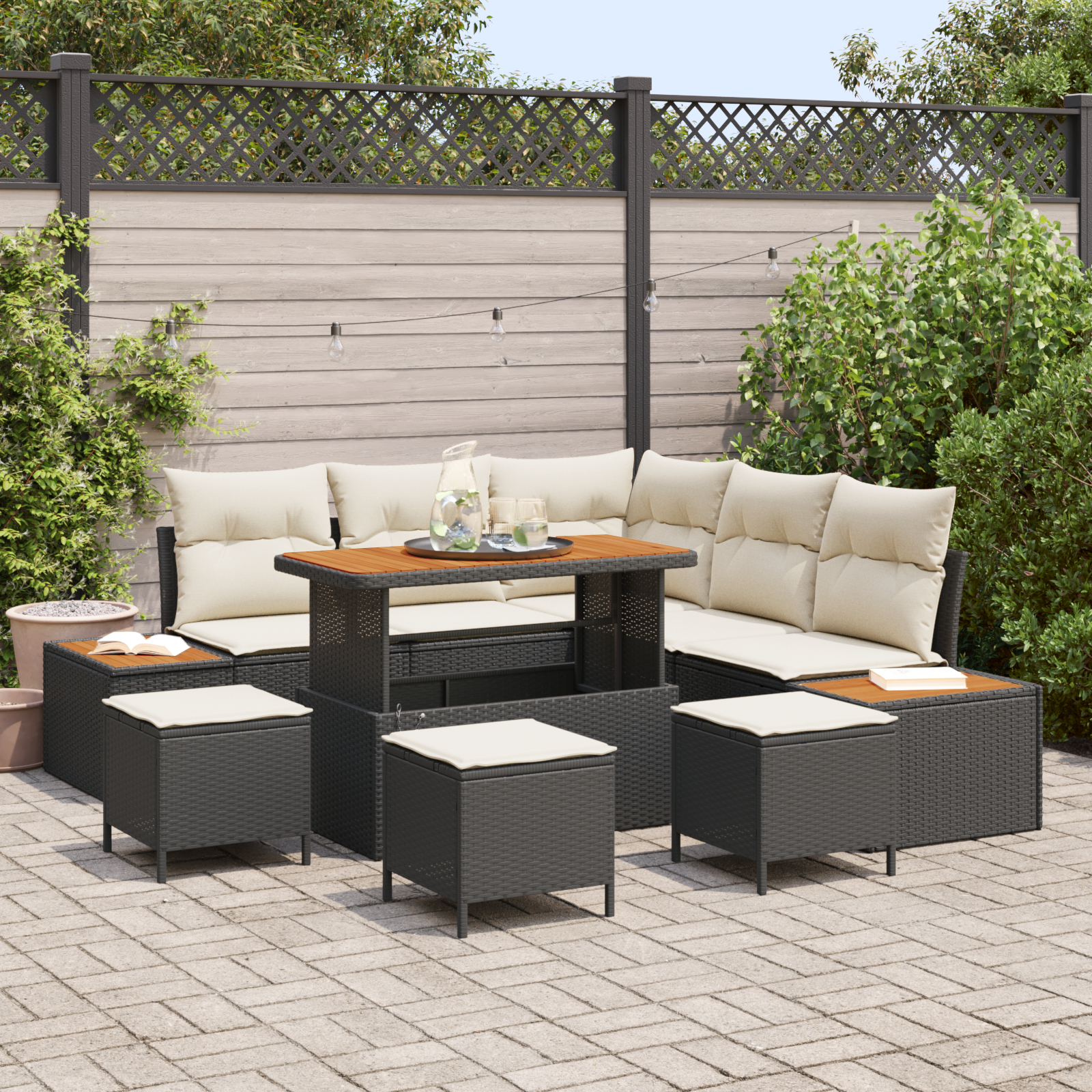 9-teiliges Garten Sofa Set mit Kissen Schwarz Poly Rattan Akazie - Your Garden Eden