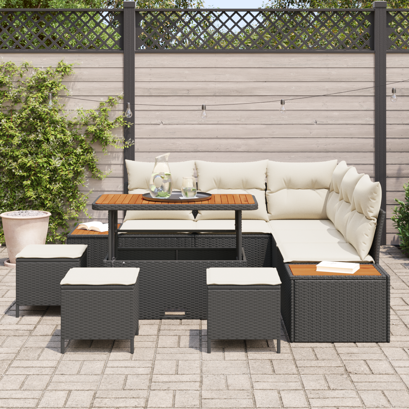 9-teiliges Garten Sofa Set mit Kissen Schwarz Poly Rattan Akazie - Gartenmöbel - Your Garden Eden