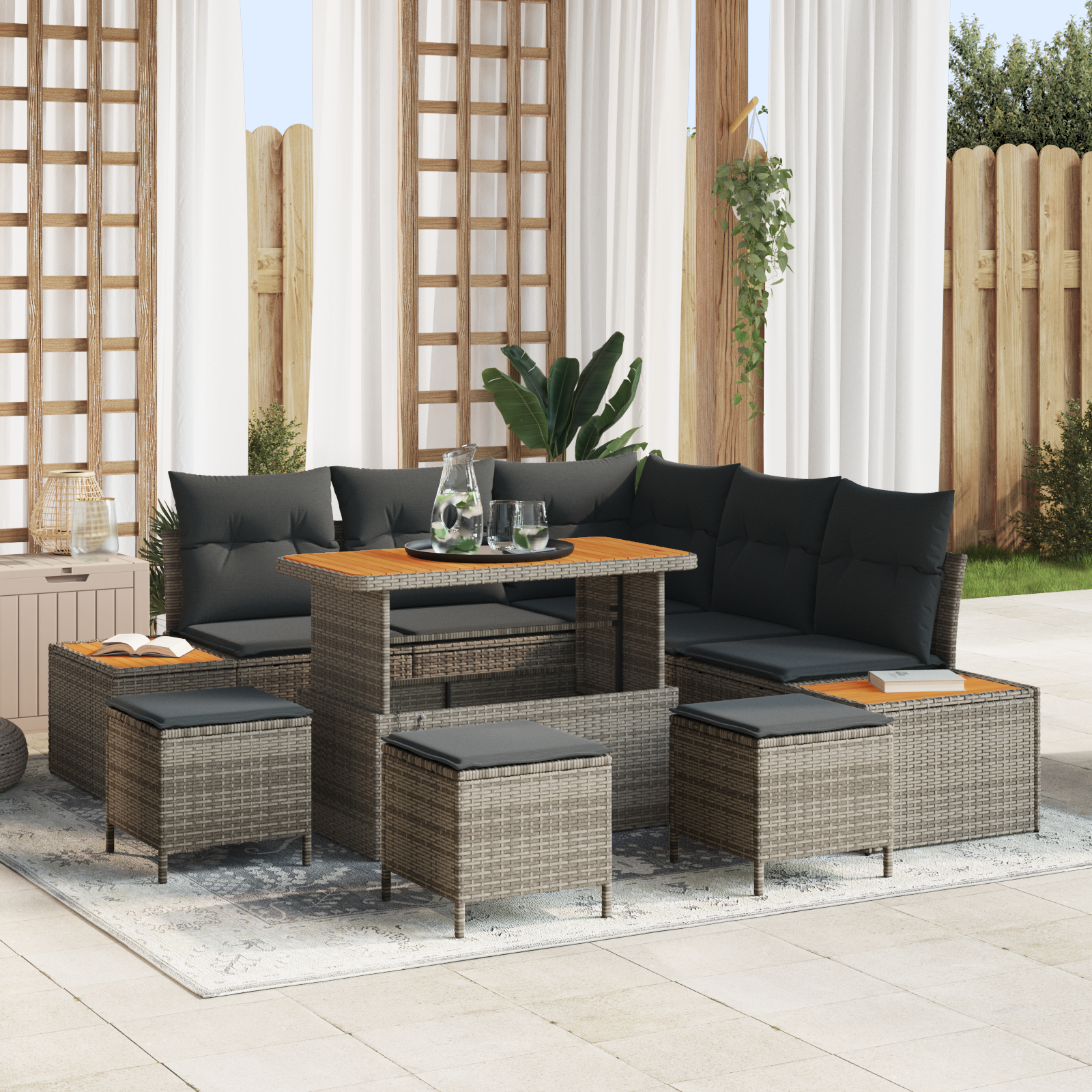 Set di divani da giardino 9 pezzi con cuscini in polyrattan grigio acacia
