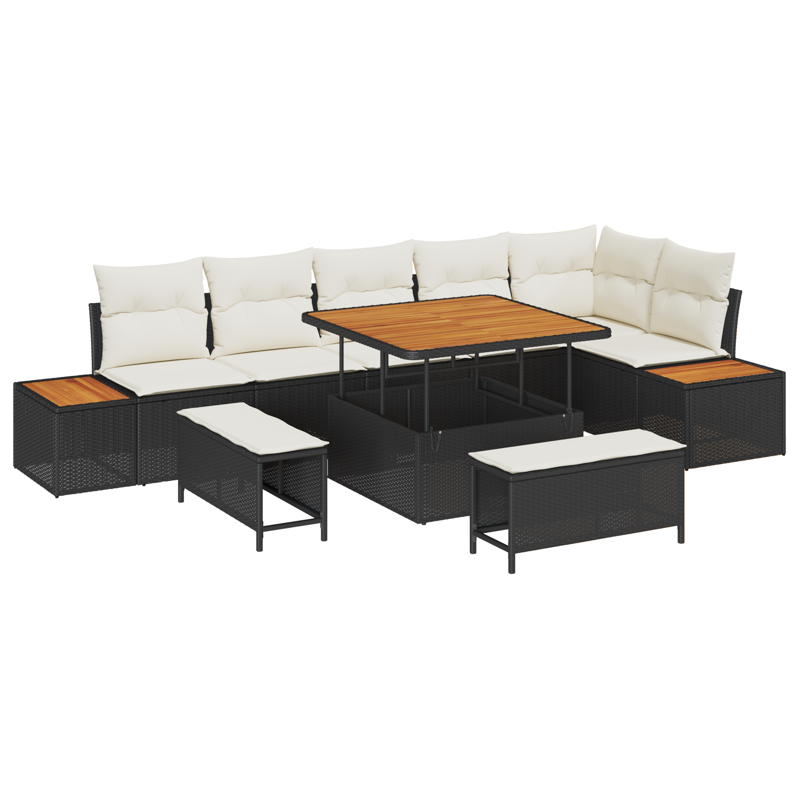 10-teiliges Garten Sofa Set mit Kissen Schwarz Poly Rattan Akazie - Gartenmöbel - Your Garden Eden