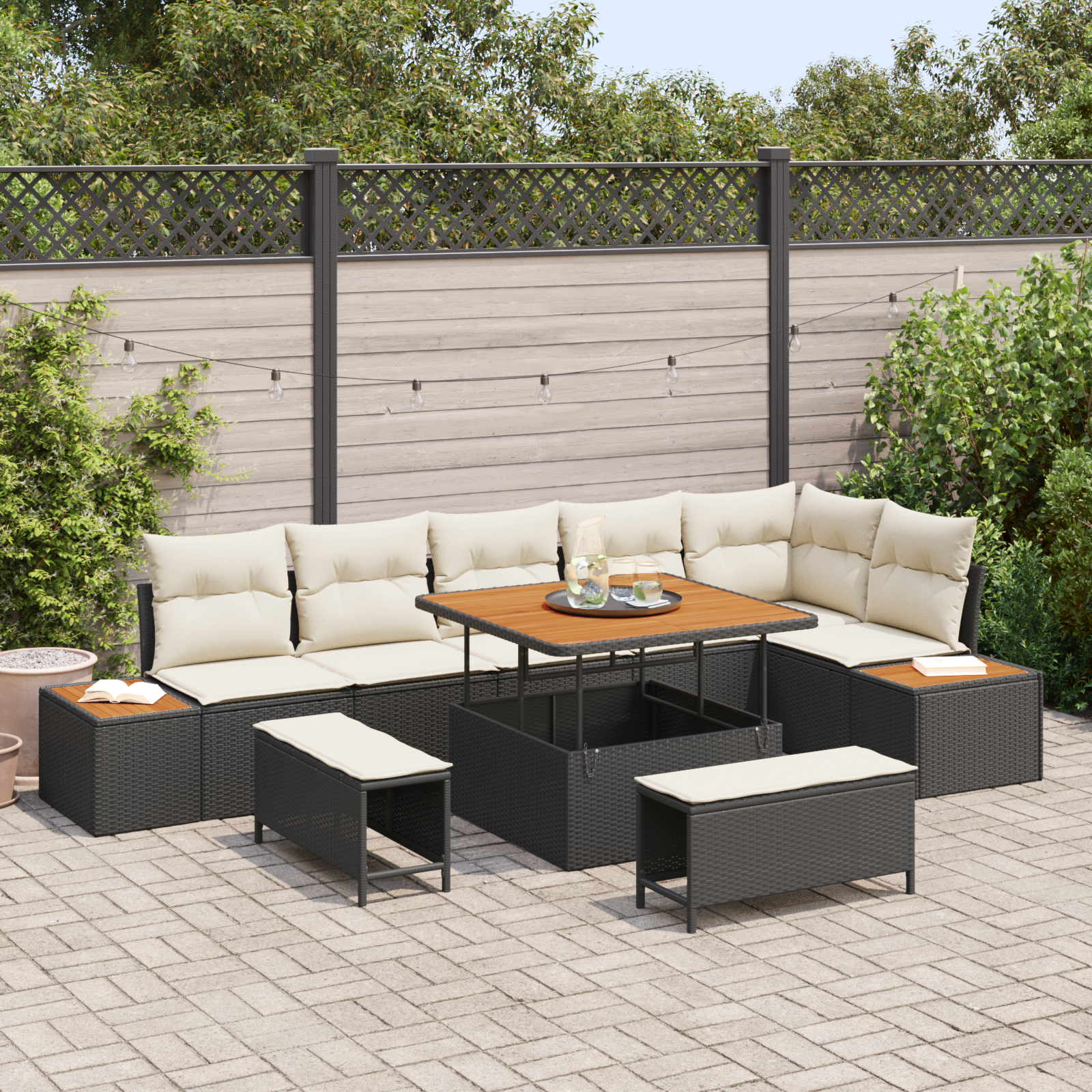 10-teiliges Garten Sofa Set mit Kissen Schwarz Poly Rattan Akazie - Your Garden Eden