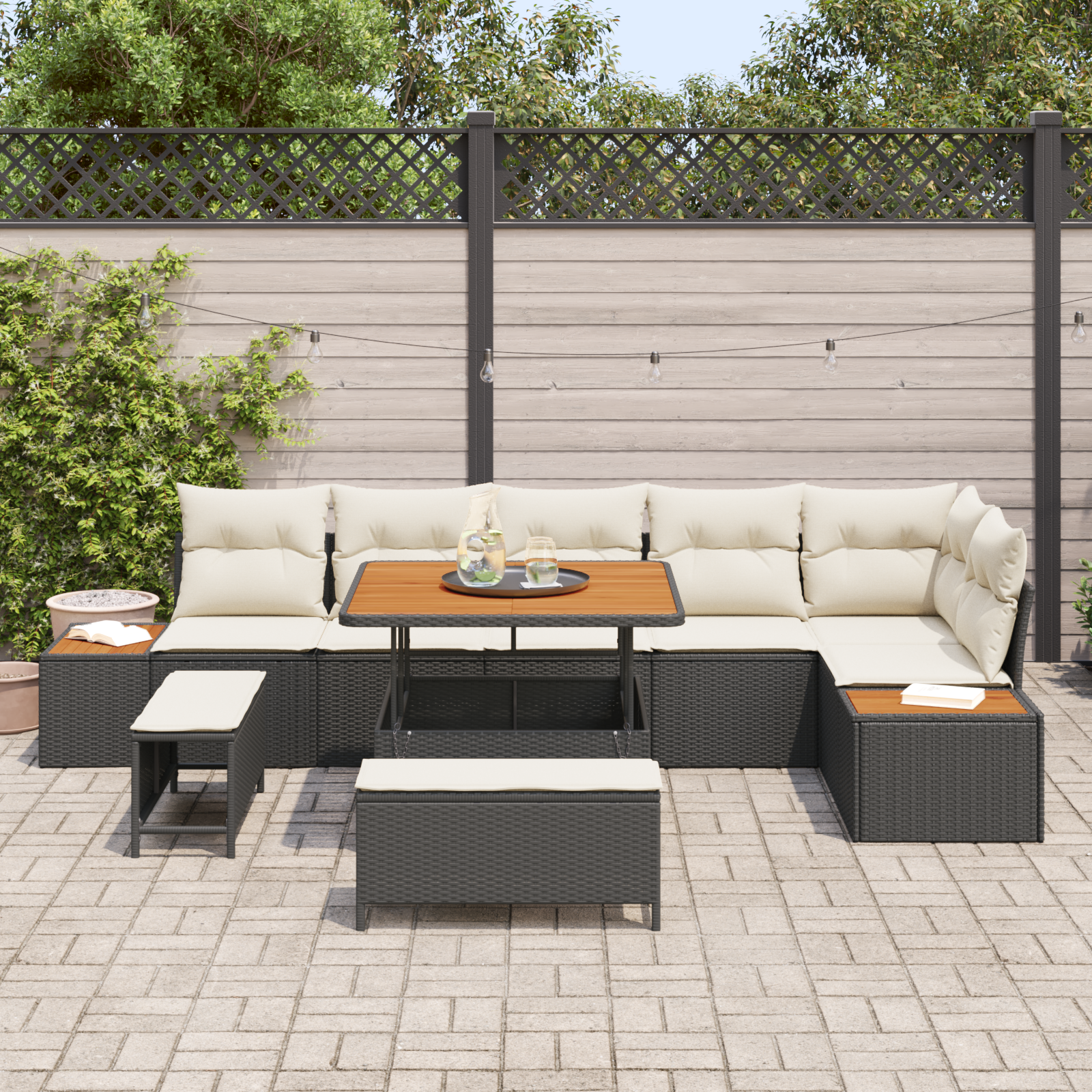10-teiliges Garten Sofa Set mit Kissen Schwarz Poly Rattan Akazie - Gartenmöbel - Your Garden Eden