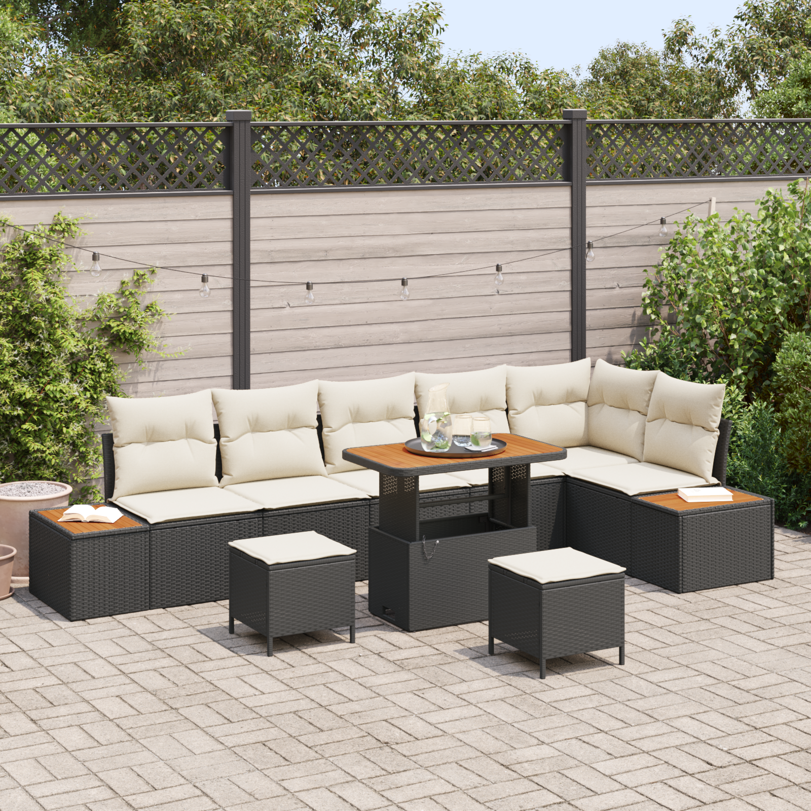 Conjunto de Sofá de Jardim de 9 Peças com Almofadas Pretas Rattan PE Acácia, Sofá de Jardim de com Armazenamento & Almofadas Pretas Rattan PE, Conjunto de Jantar de Jardim de 3 Peças com Almofadas Pretas Rattan PE Acácia Conjunto de Sofá de Jardim de 9 Peças com Almofadas Pretas Rattan PE Acácia, Sofá de Jardim de com Armazenamento & Almofadas Pretas Rattan PE, Conjunto de Jantar de Jardim de 3 Peças com Almofadas Pretas Rattan PE Acácia