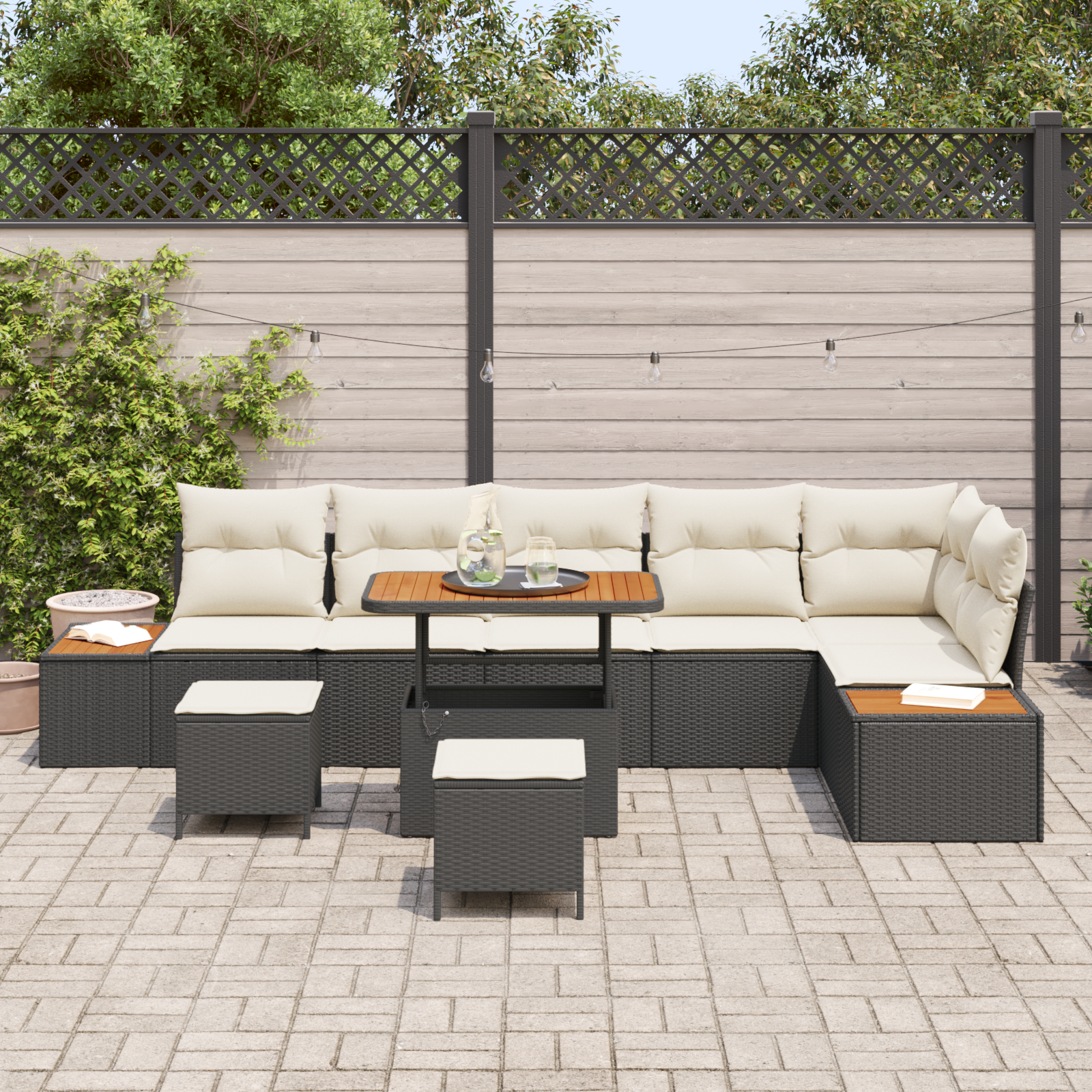 Conjunto de Sofá de Jardim de 9 Peças com Almofadas Pretas Rattan PE Acácia, Sofá de Jardim de com Armazenamento & Almofadas Pretas Rattan PE, Conjunto de Jantar de Jardim de 3 Peças com Almofadas Pretas Rattan PE Acácia