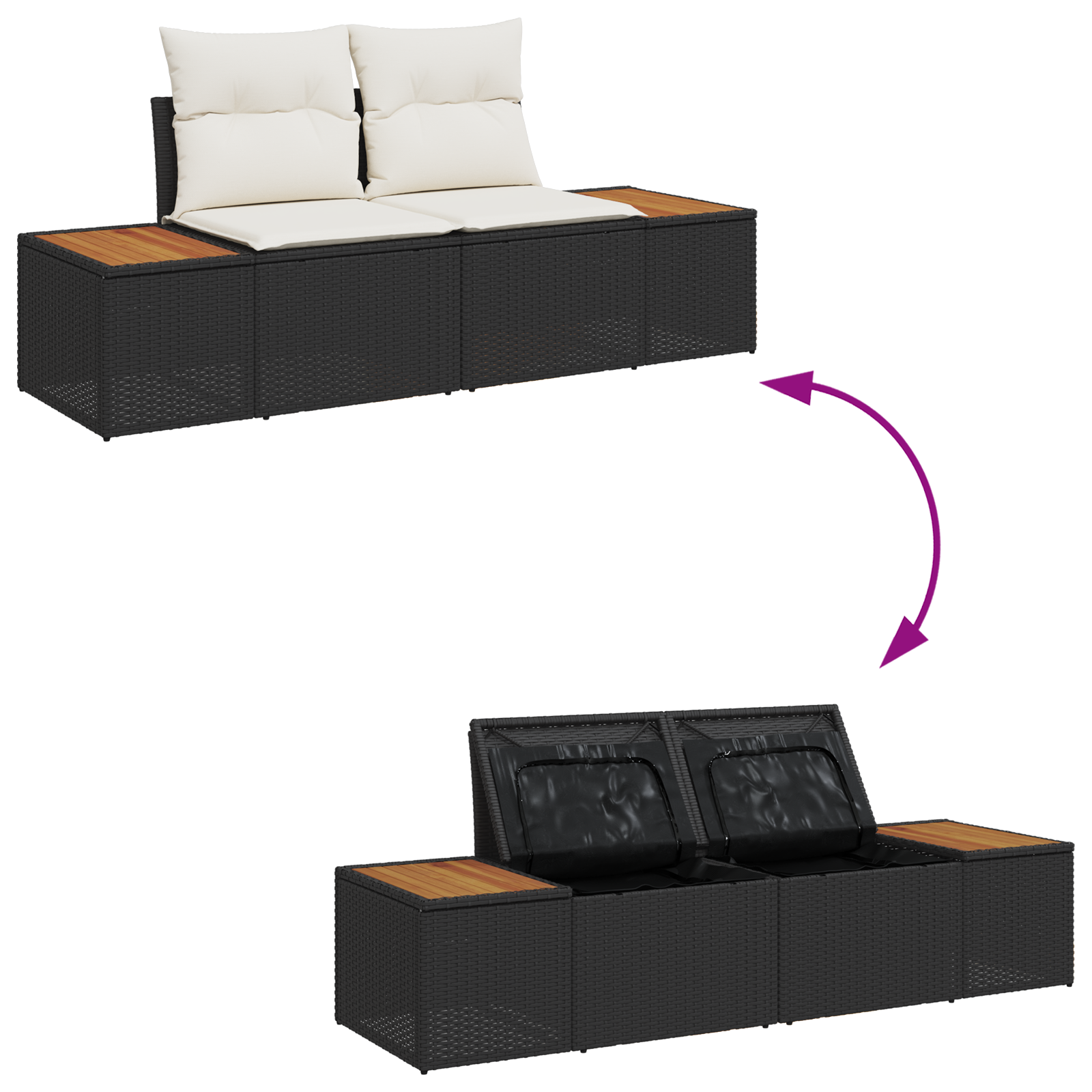 Conjunto de Sofá de Jardim de 10 Peças com Almofadas Preto Rattan PE Acácia, Sofá de Jardim de com Armazenamento e Almofadas Preto Rattan PE, Conjunto de Jantar de 4 Peças para Jardim com Almofadas Preto Rattan PE Acácia