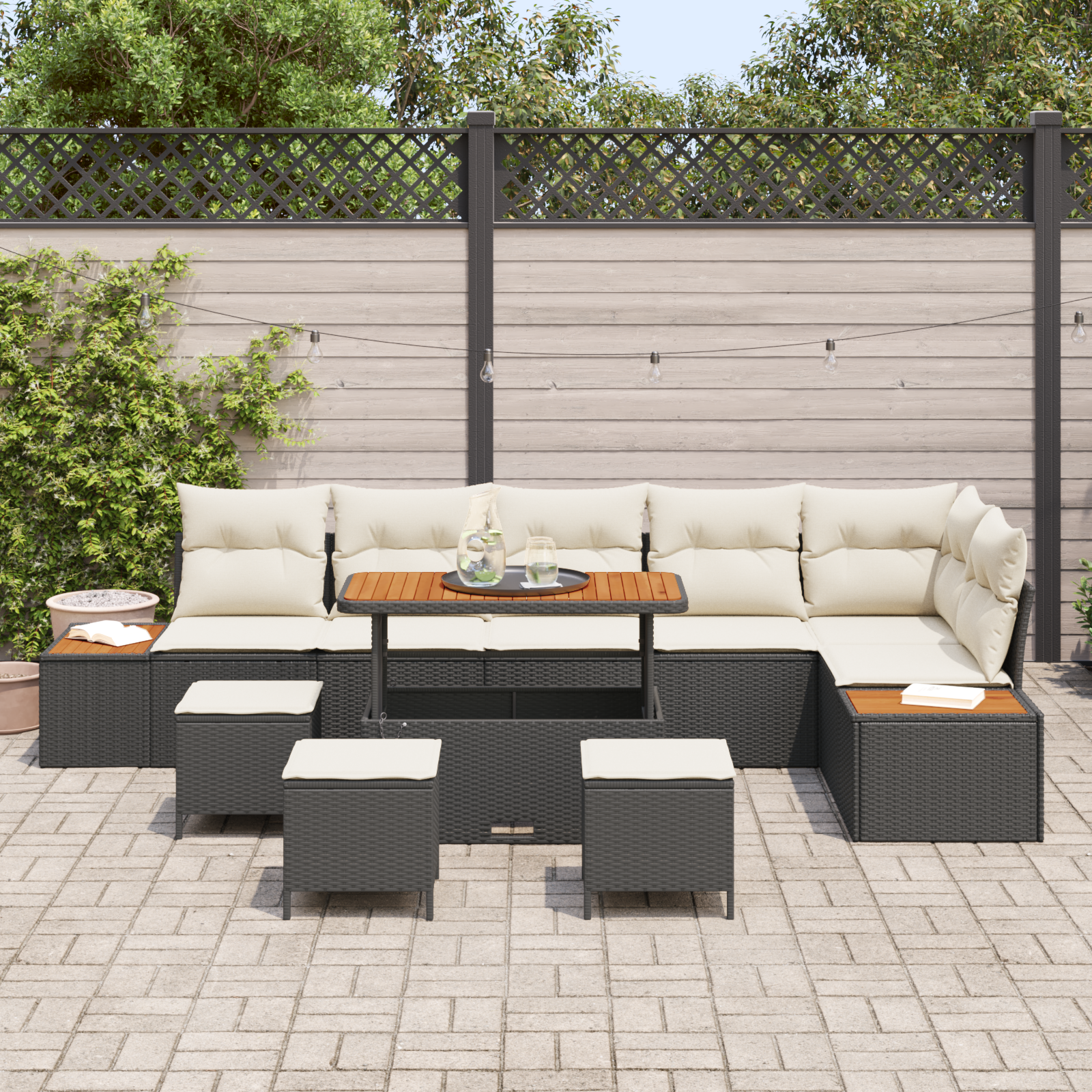 Conjunto de Sofá de Jardim de 10 Peças com Almofadas Preto Rattan PE Acácia, Sofá de Jardim de com Armazenamento e Almofadas Preto Rattan PE, Conjunto de Jantar de 4 Peças para Jardim com Almofadas Preto Rattan PE Acácia