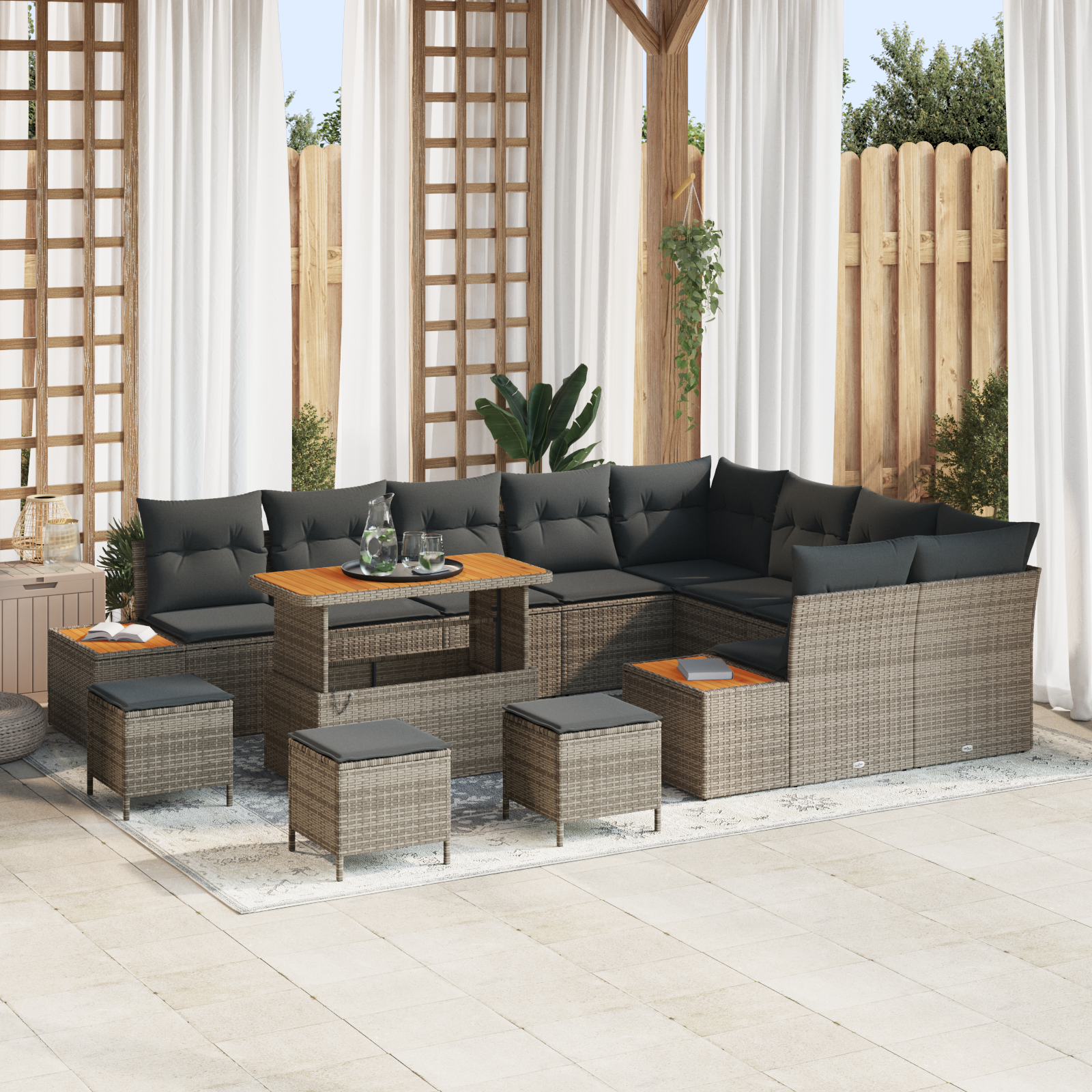 13-teiliges Garten-Sofa-Set mit Kissen Grau Poly-Rattan Akazie - Your Garden Eden