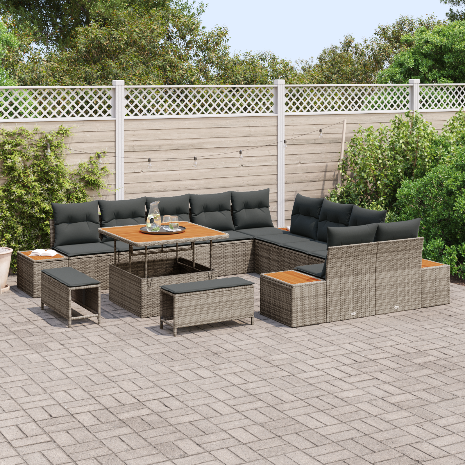 Conjunto de Sofás de Jardim com Almofadas Cinzento Poly Rattan Acácia, Sofá de Jardim de com Armazenamento e Almofadas Cinzento Poly Rattan, Conjunto de Jantar de Jardim com Almofadas Cinzento Poly Rattan Acácia