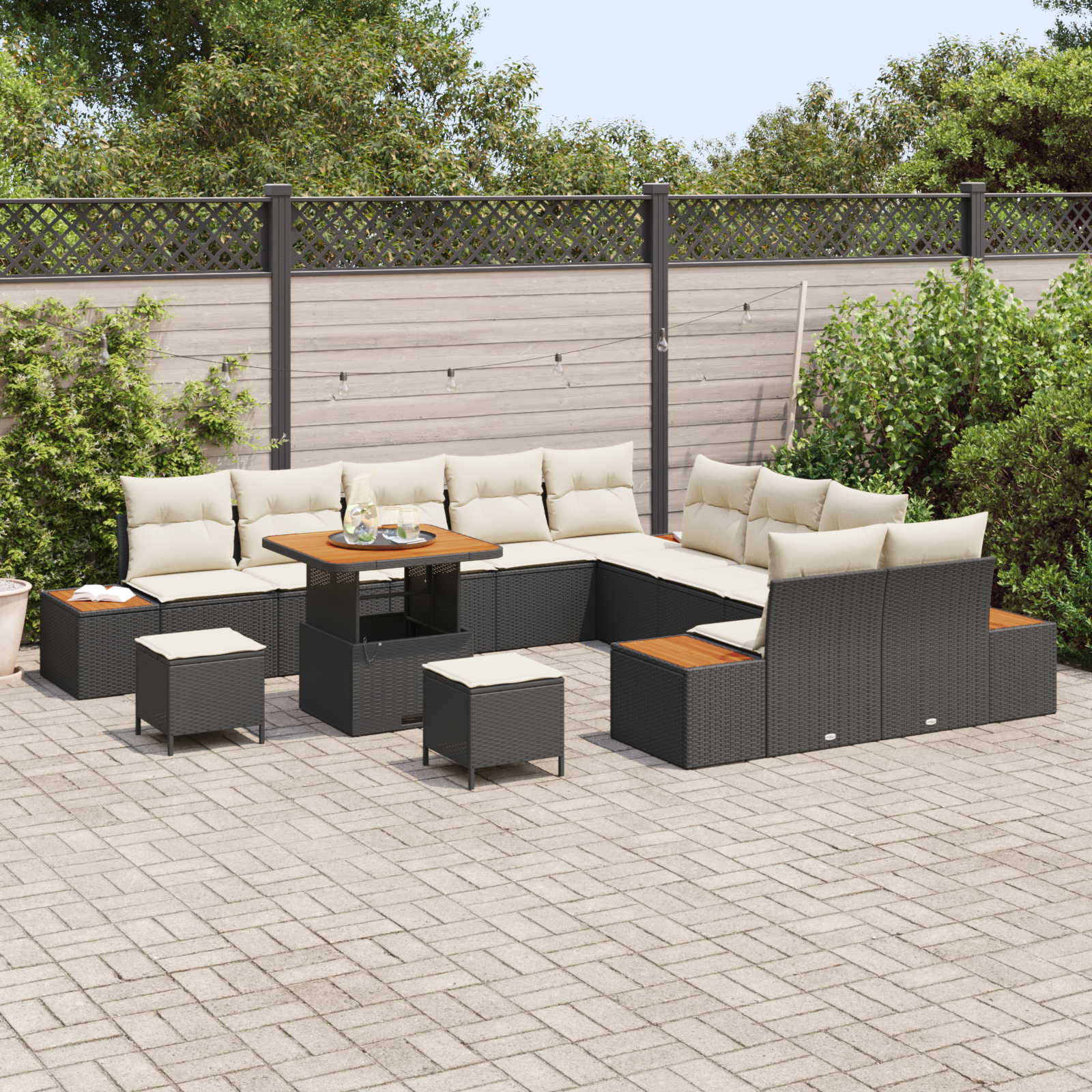 Conjunto de Sofá de Jardim de 13 Peças com Almofadas Preto Vime Sintético Acácia