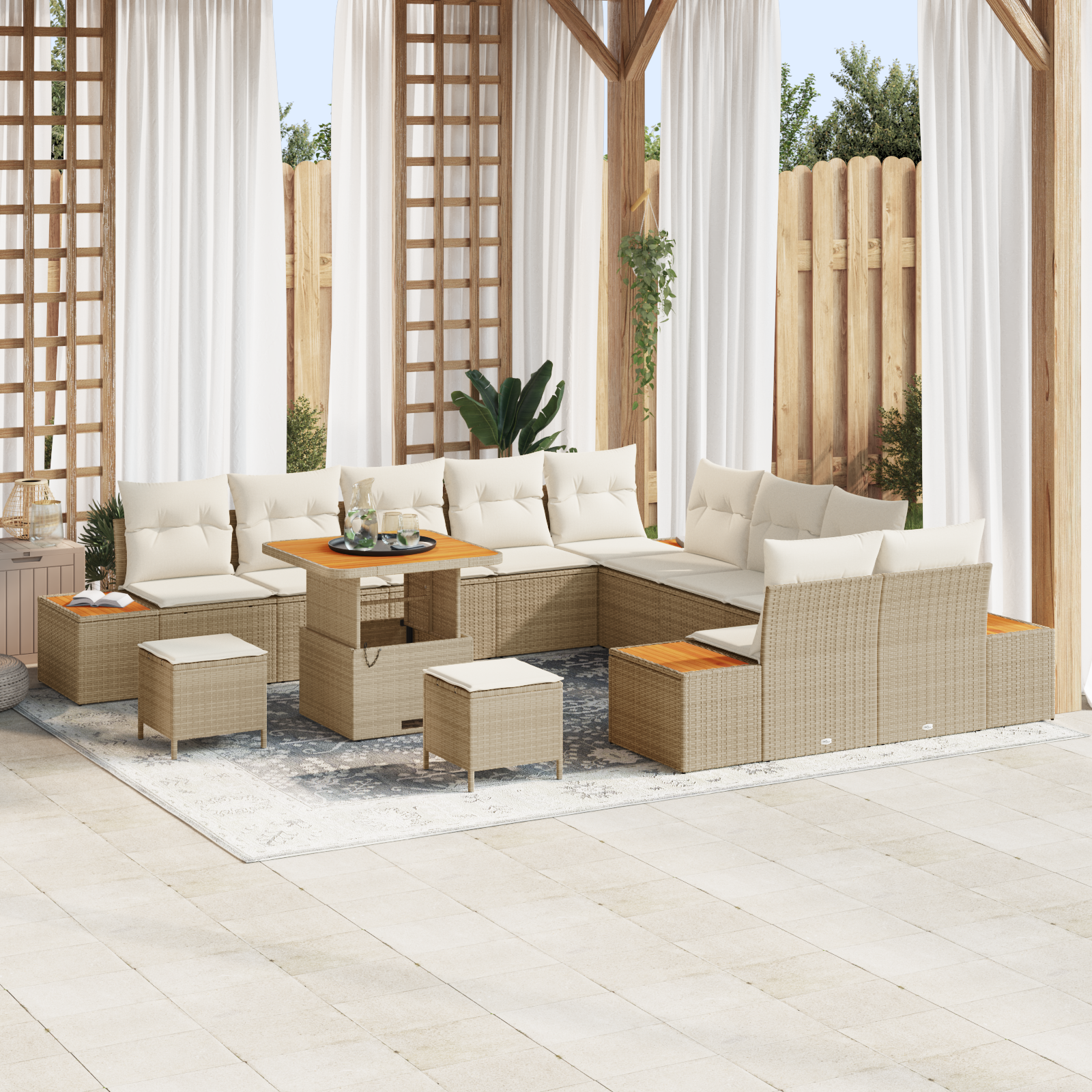 Conjunto de Sofá de Jardim de 13 Peças com Almofadas Bege Rattan Poliéster Acácia Conjunto de Sofá de Jardim de 13 Peças com Almofadas Bege Rattan Poliéster Acácia
